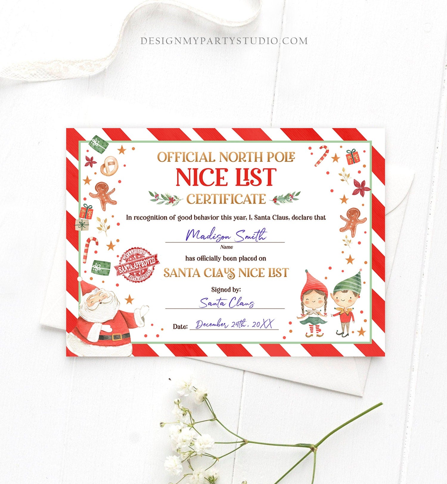 Editable Santa Claus Official Nice List Certificate Letter From Desk Santa Claus Christmas Eve North Pole Corjl Template Printable 0358