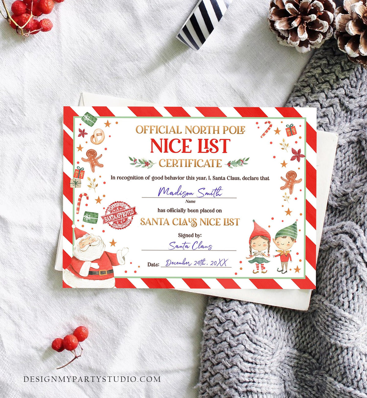 Editable Santa Claus Official Nice List Certificate Letter From Desk Santa Claus Christmas Eve North Pole Corjl Template Printable 0358