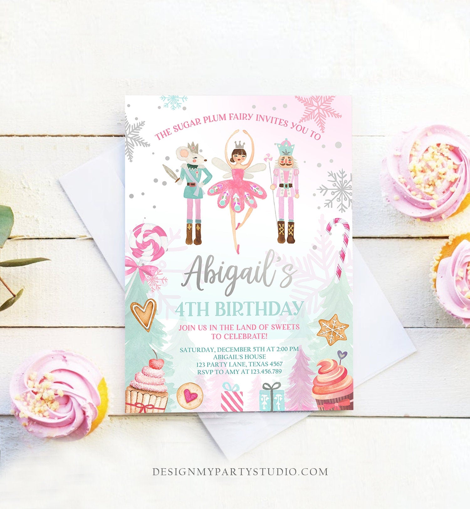 Editable Nutcracker Birthday Invitation Girl Land of Sweets Invite Winter Pink Girl Sugar Plum Fairy Download Printable Template Corjl 0352