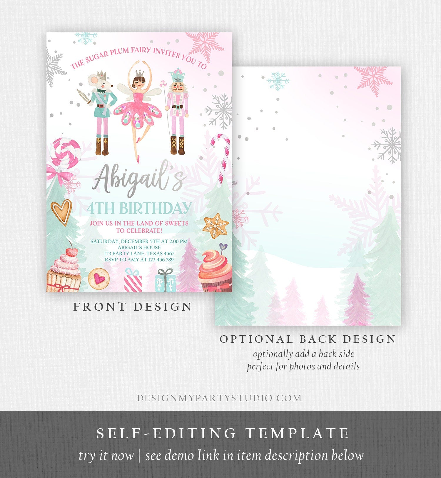 Editable Nutcracker Birthday Invitation Girl Land of Sweets Invite Winter Pink Girl Sugar Plum Fairy Download Printable Template Corjl 0352