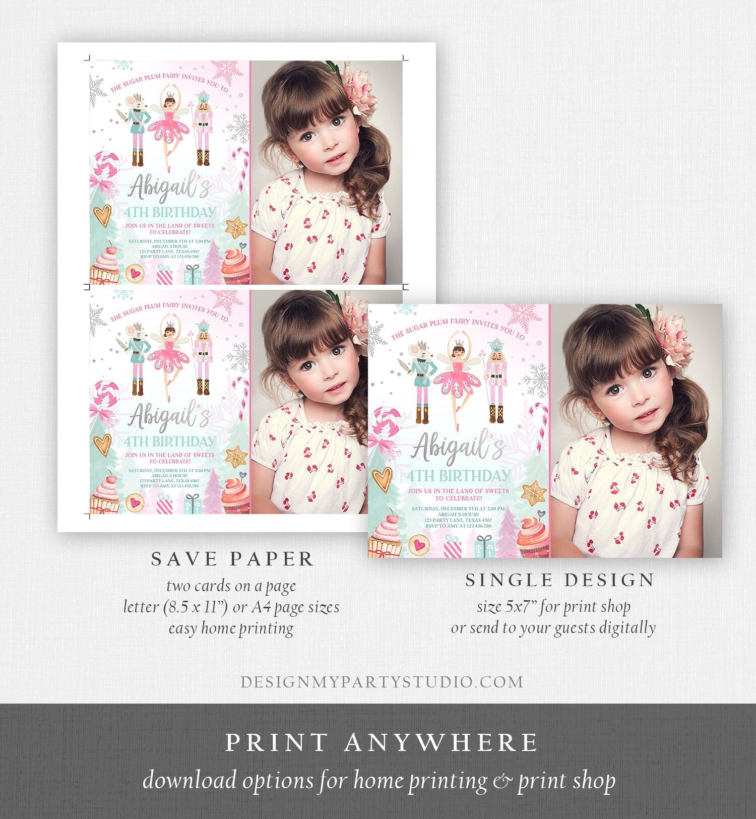 Editable Nutcracker Birthday Invitation Girl Land of Sweets Invite Winter Pink Girl Sugar Plum Fairy Download Printable Template Corjl 0352