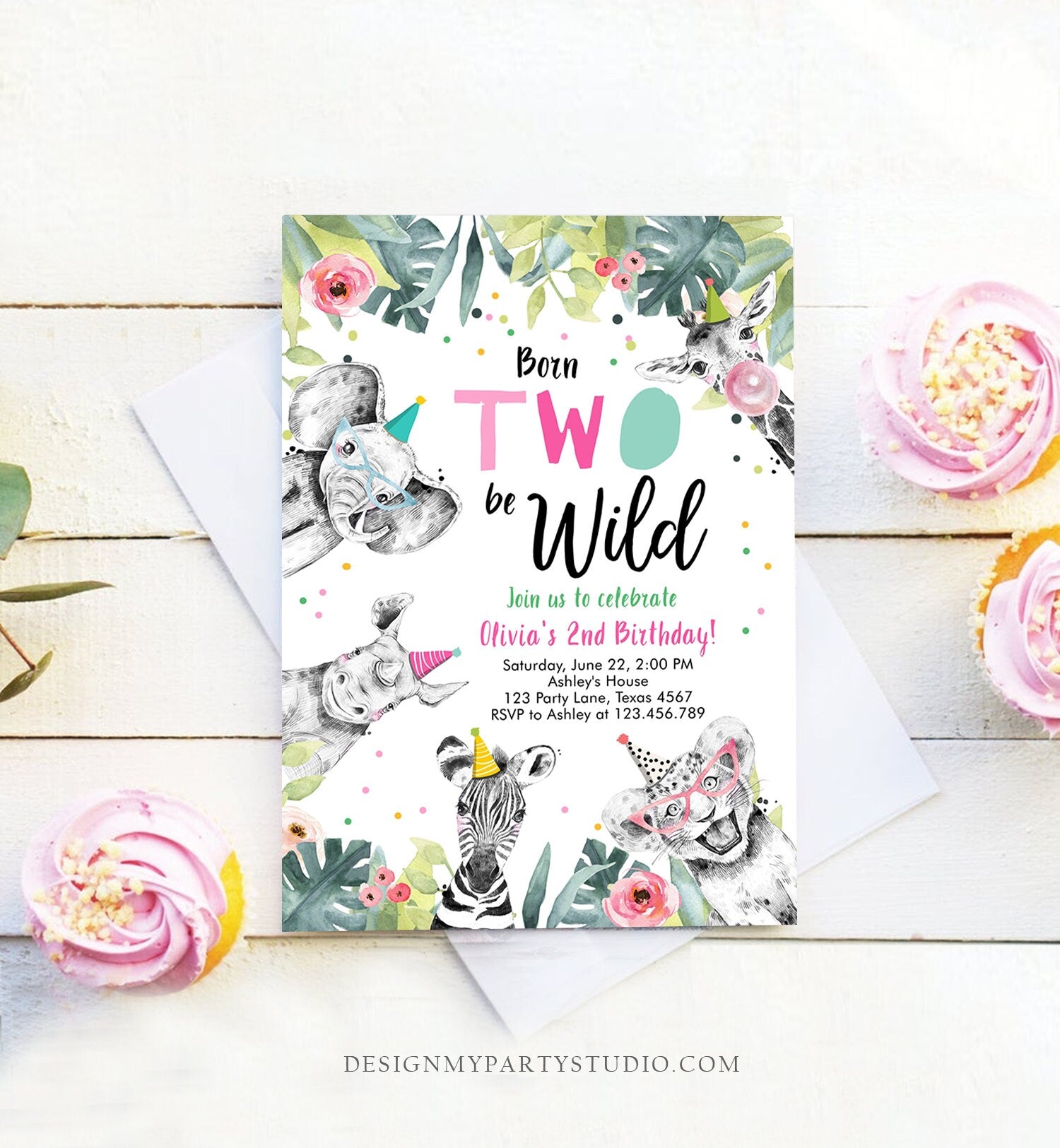 Editable Born Two Be Wild Birthday Invitation Girl Two Party Animals Pink Gold Safari Zoo Second Birthday 2nd Template Corjl Printable 0322