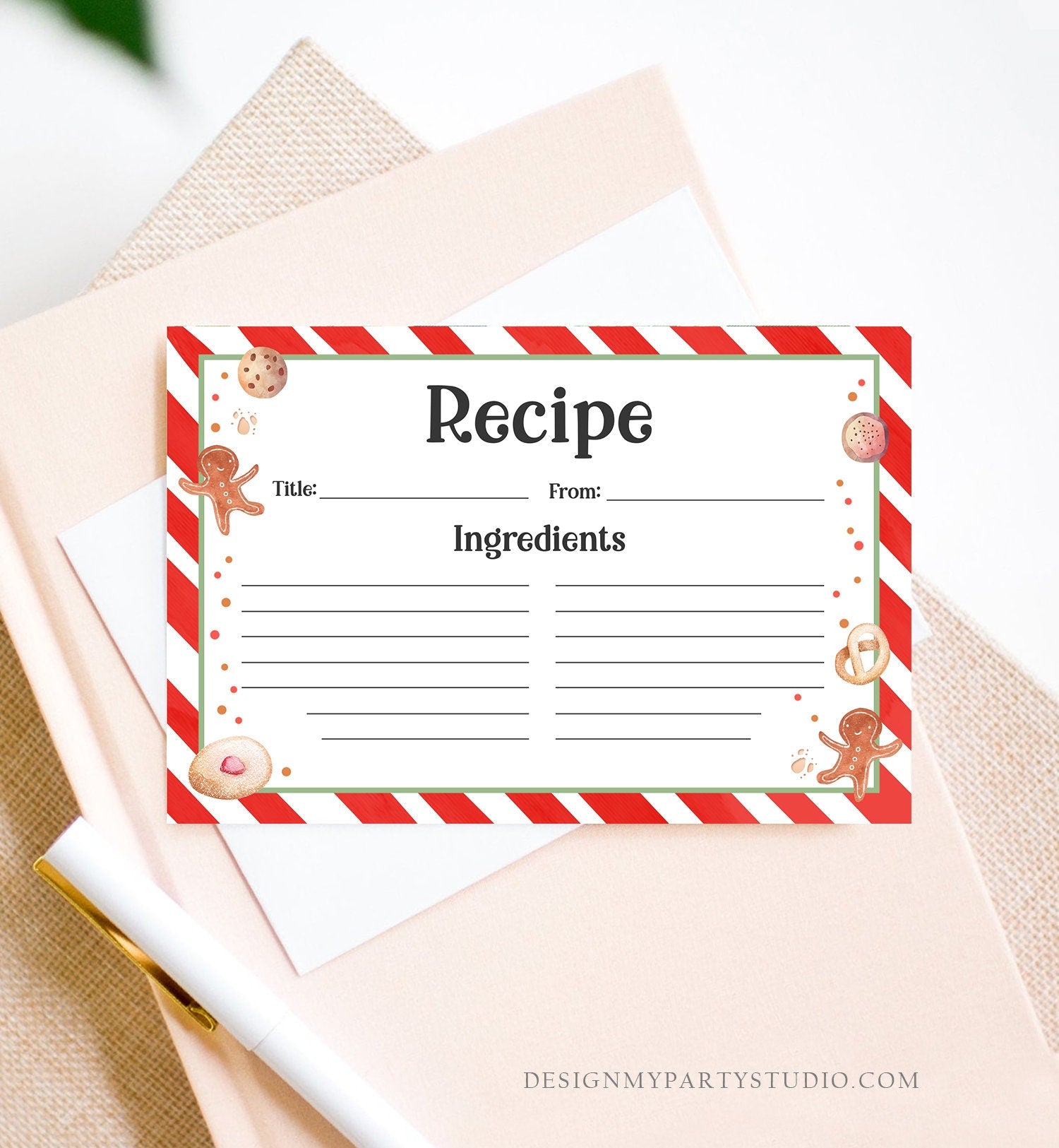 Editable Cookie Recipe Cards Cookie Exchange Christmas Holiday Party Cookies Swap Gingerbread 4x6 5x7 Download Corjl Template Printable 0358