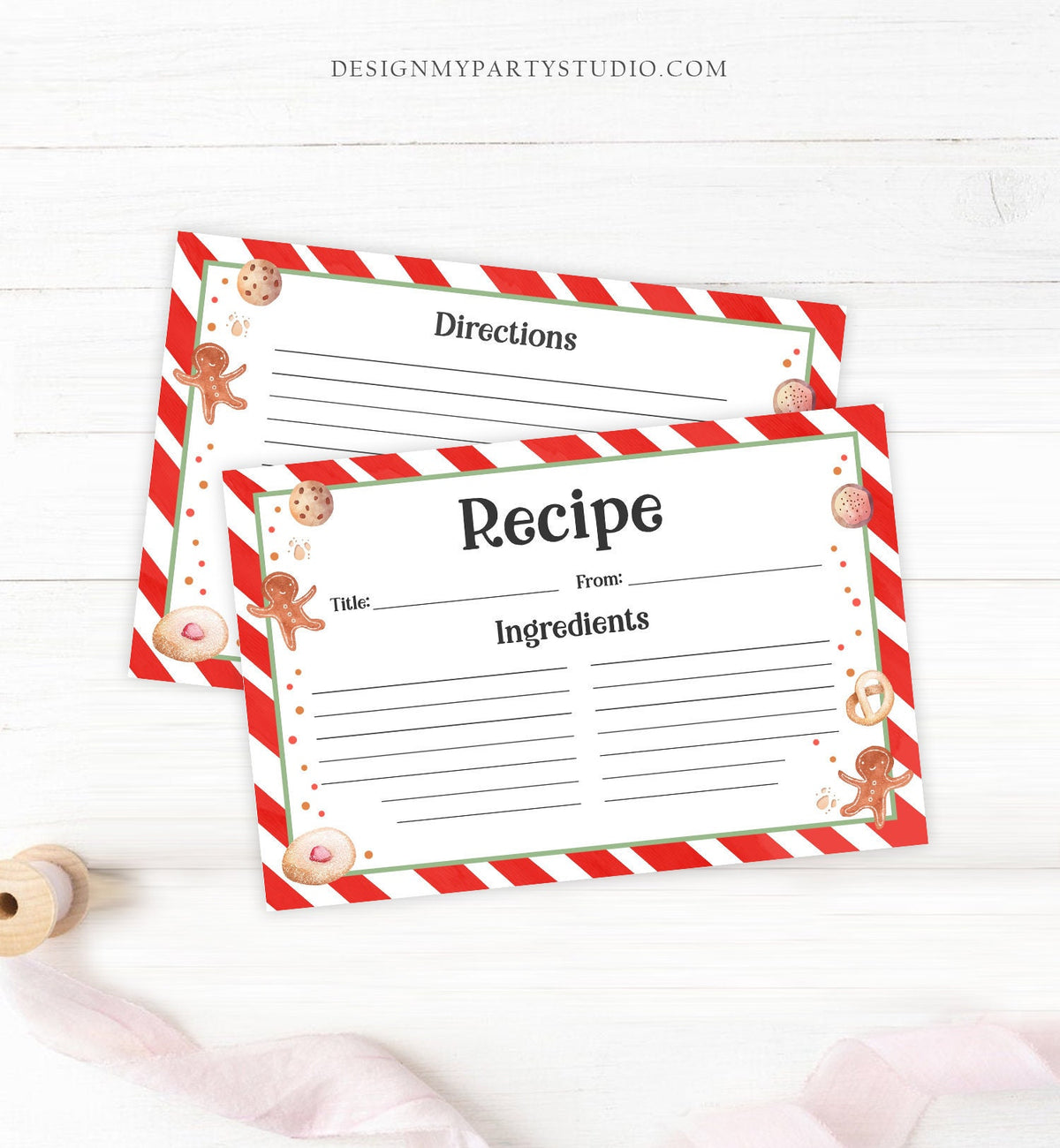 Editable Cookie Recipe Cards Cookie Exchange Christmas Holiday Party Cookies Swap Gingerbread 4x6 5x7 Download Corjl Template Printable 0358