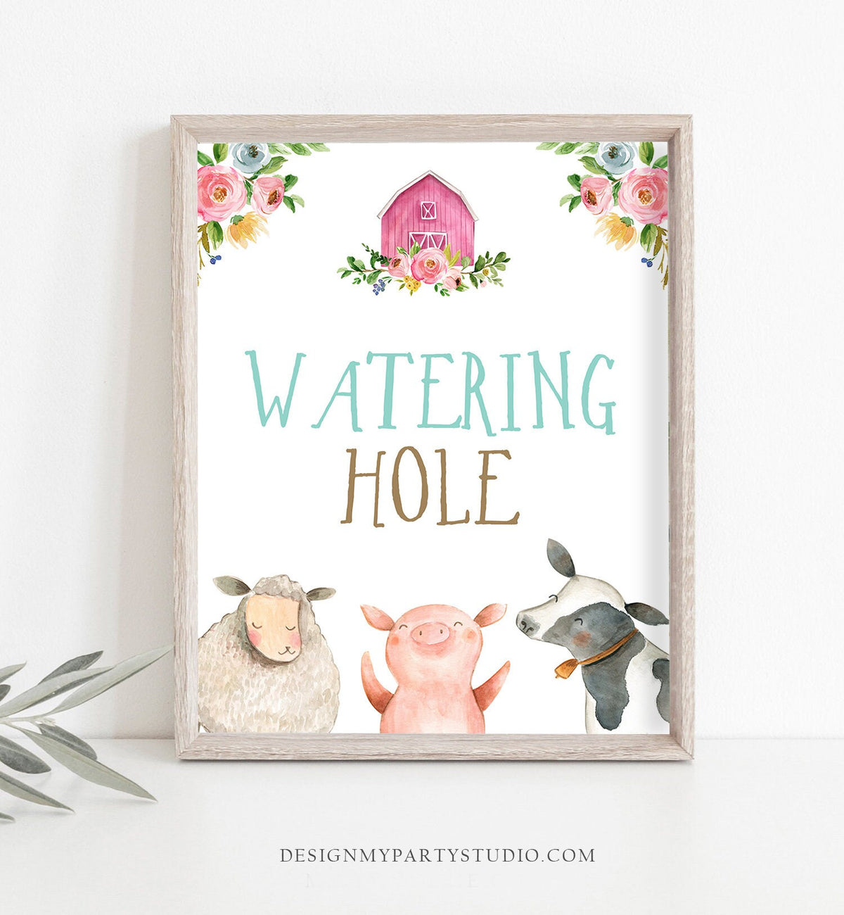 Watering Hole Birthday Sign Drink Table Decor Pink Farm Baby Shower Girl Farm Animals Table Sign Barnyard Decorations Drinks Printable 0155