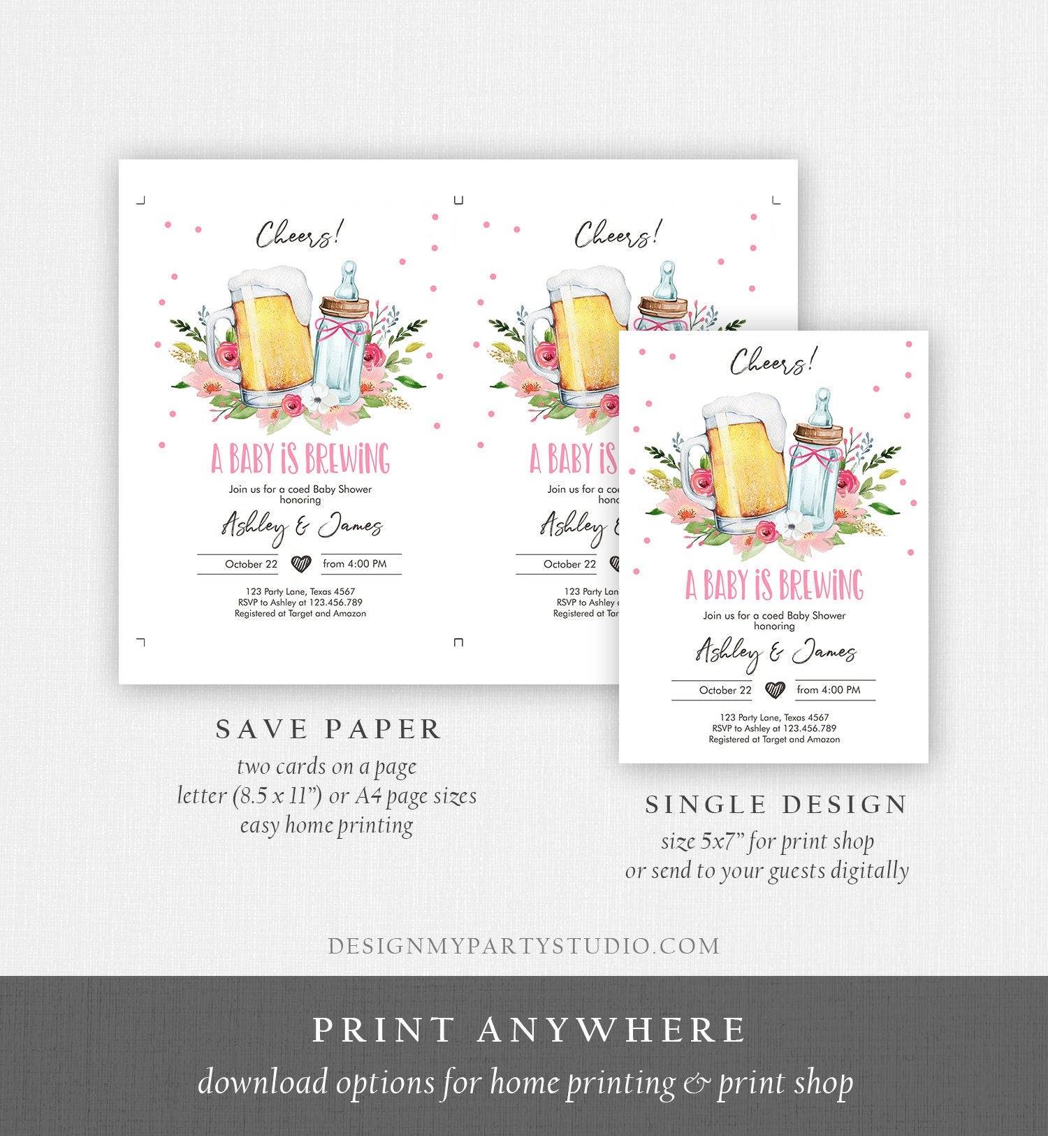 Editable A Baby is Brewing Invitation Bottle and Beers Baby Shower Girl Cheers Coed Couples Shower Download Printable Template Corjl 0190