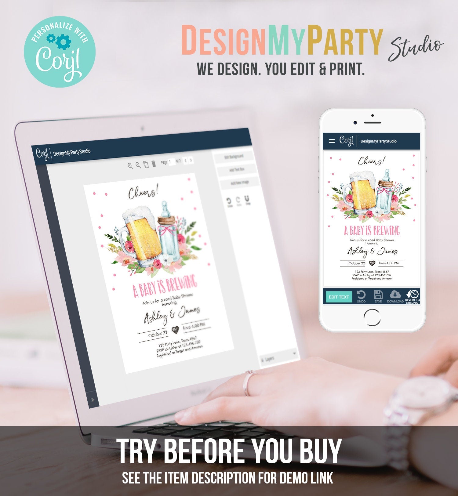 Editable A Baby is Brewing Invitation Bottle and Beers Baby Shower Girl Cheers Coed Couples Shower Download Printable Template Corjl 0190