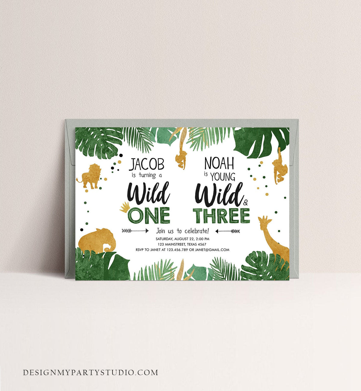 Editable Wild One Birthday Invitation Wild and Three Boys Brothers Birthday Safari Animals Jungle Download Printable Corjl Template 0016