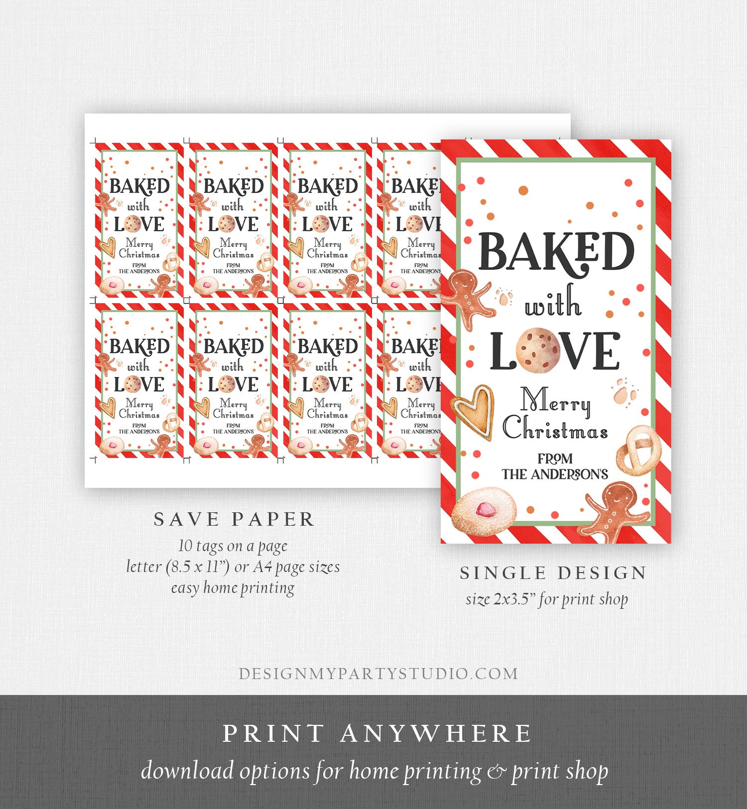 Editable Cookie Tag Baked With Love Tag Merry Christmas Favor Tag Cookie Gift Cookie Exchange Download Printable Template Corjl 0358 0443