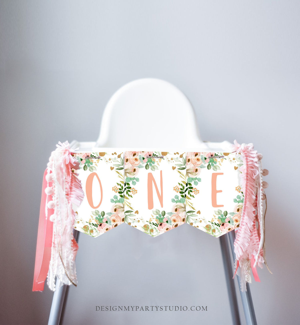 Little Miss Onederful High Chair Banner Pink Floral 1st Girl First Birthday Flowers Gold Pastel ONE Decor Digital Download Printable 0147