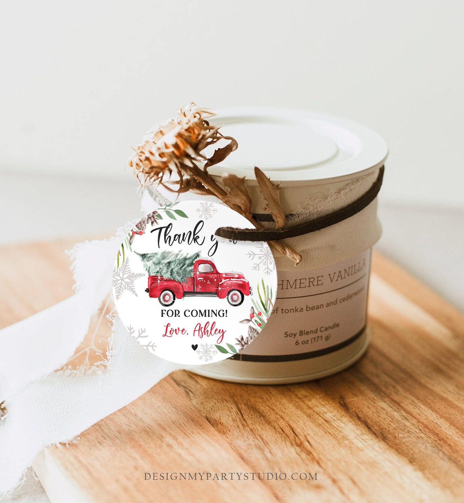 Editable Winter Truck Favor Tag Christmas Red Boy Birthday Drive By Through Baby Shower Bridal Shower Thank You Gift Corjl Printable 0356