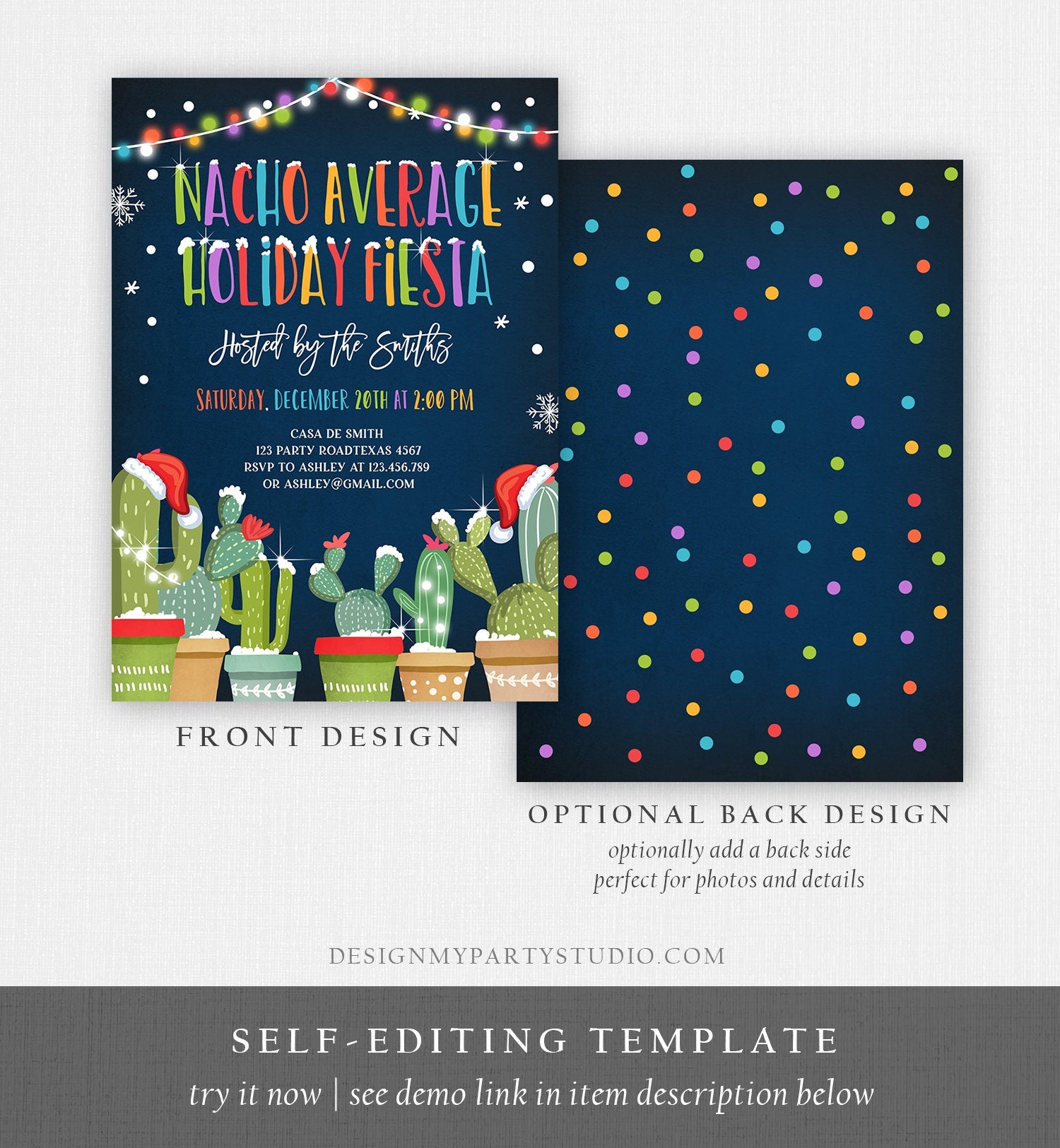 Editable Nacho Average Holiday Fiesta Invitation Christmas Cactus Mexican Holiday Feliz Navidad Invite Digital Printable Corjl Template 0273