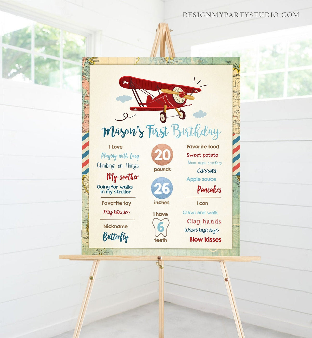 Editable Airplane Birthday Milestones Sign Aircraft Sky First Birthday Boy 1st Vintage Red Plane World Map Template Printable Corjl 0011