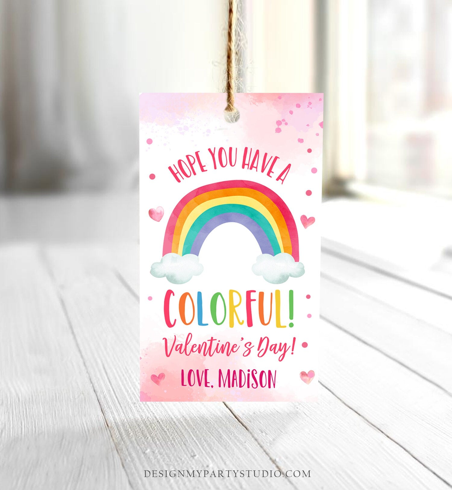 Editable Valentine Rainbow Favor Tag Thank You Over The Rainbow Colorful Valentine's Day School Digital Corjl Template Printable 0370