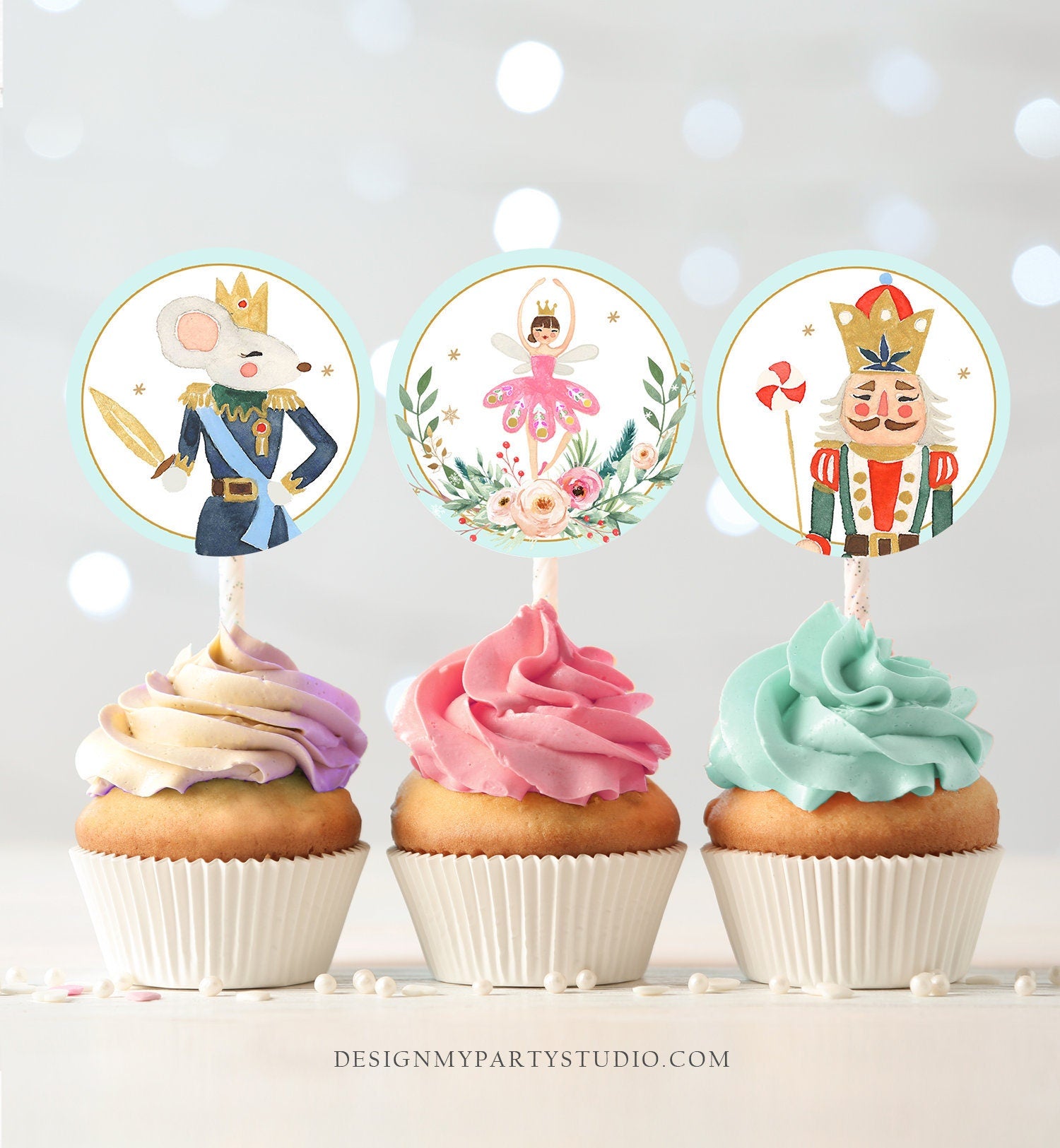 Nutcracker Cupcake Toppers Nutcracker Birthday Party Decorations Sugar Plum Fairy Girl Pink Stickers Tags download Digital PRINTABLE 0352