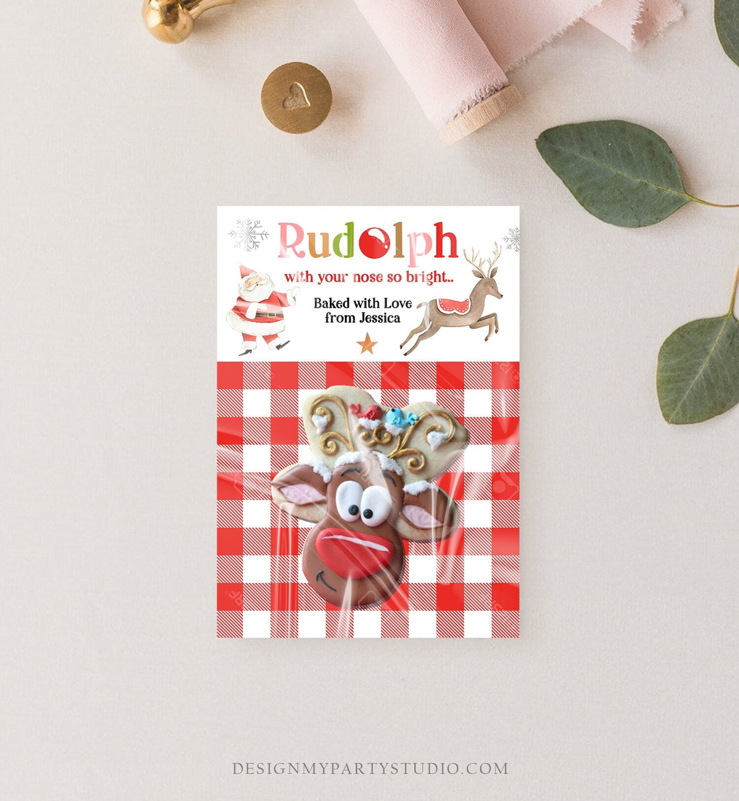 Editable Personalized Cookie Card Rudolph Christmas Reindeer Gift Tag Mini Cookie Packaging Printable Instant Download Template Corjl 0358