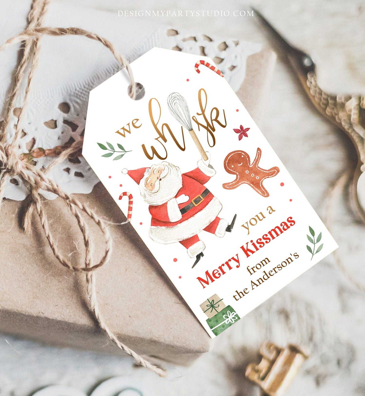 Editable We Whisk you a Merry Kissmas Tag Christmas Whisk Gift Tag Baking Tag Santa Holiday Favor Download Printable Template Corjl 0443