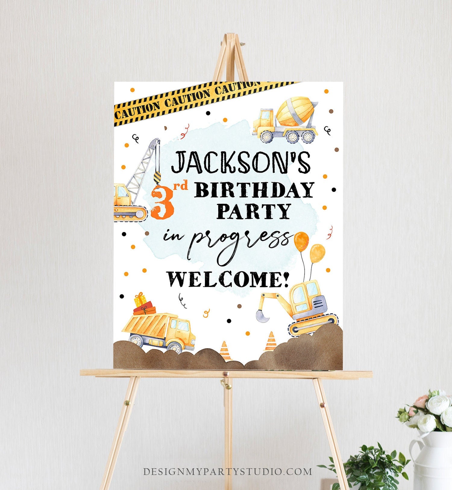 Editable Construction Birthday Welcome Sign Yellow Dump Truck Construction Sign Caution Construction Decor Template Corjl PRINTABLE 0374