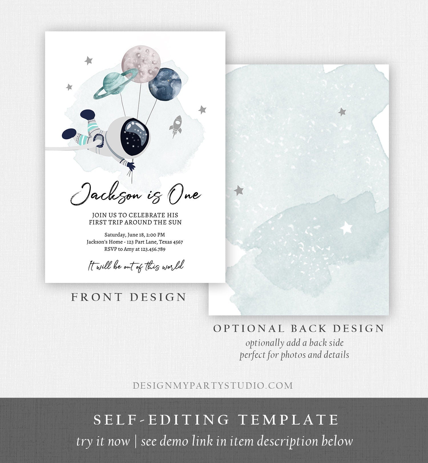 Editable Outer Space Birthday Invitation Out of this World Astronaut Trip Around the Sun Download Printable Template Digital Corjl 0366