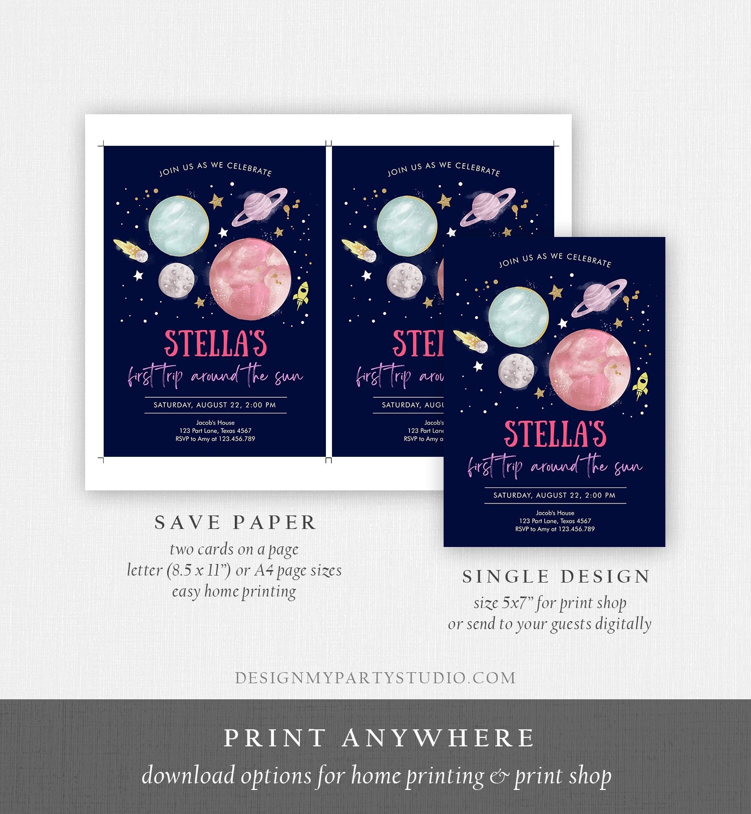 Editable Outer Space Girl First Birthday Invitation Galaxy Blast Off First Trip Around the Sun Pink Download Printable Template Corjl 0357