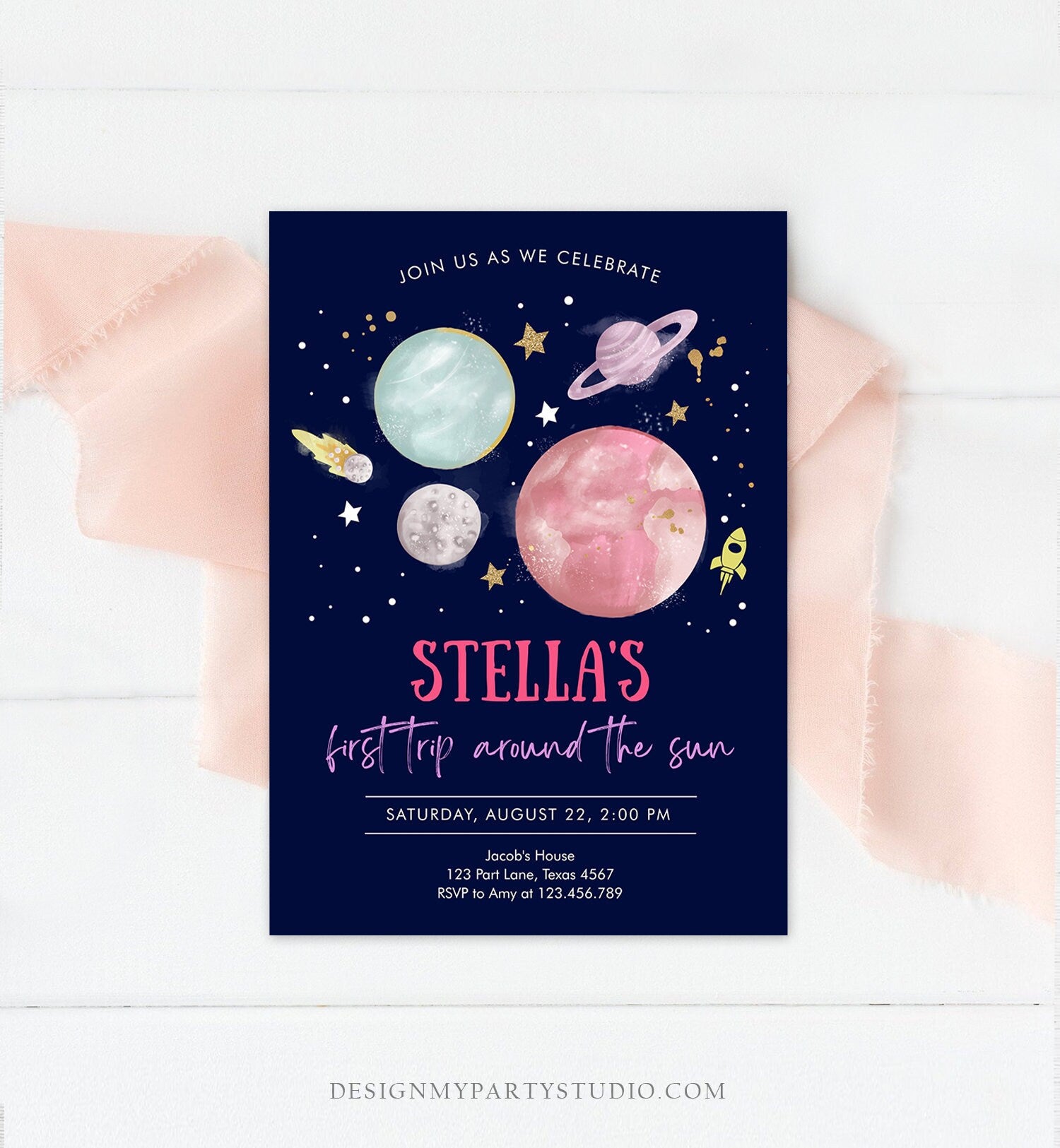 Editable Outer Space Girl First Birthday Invitation Galaxy Blast Off First Trip Around the Sun Pink Download Printable Template Corjl 0357