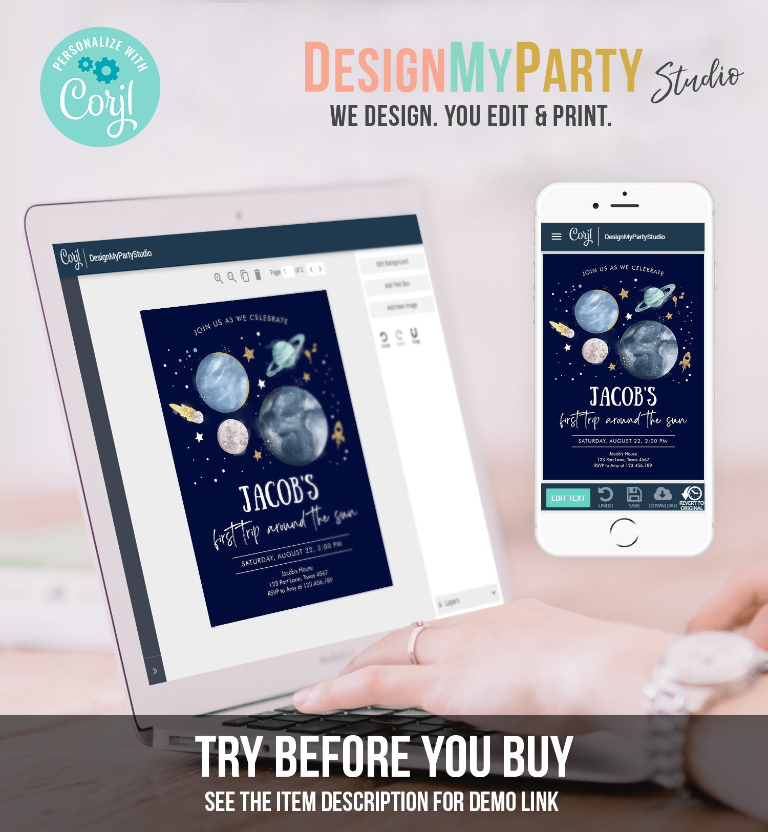 Editable Outer Space First Birthday Invitation Galaxy Blast Off First Trip Around the Sun Download Printable Template Digital Corjl 0357