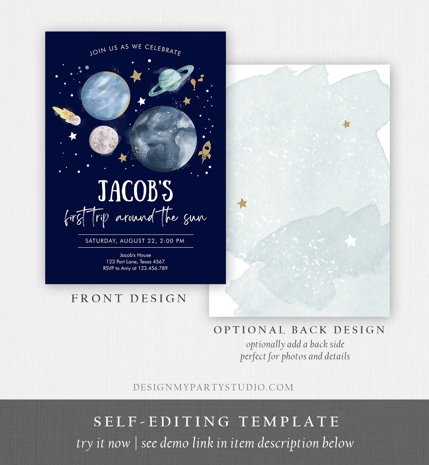 Editable Outer Space First Birthday Invitation Galaxy Blast Off First Trip Around the Sun Download Printable Template Digital Corjl 0357