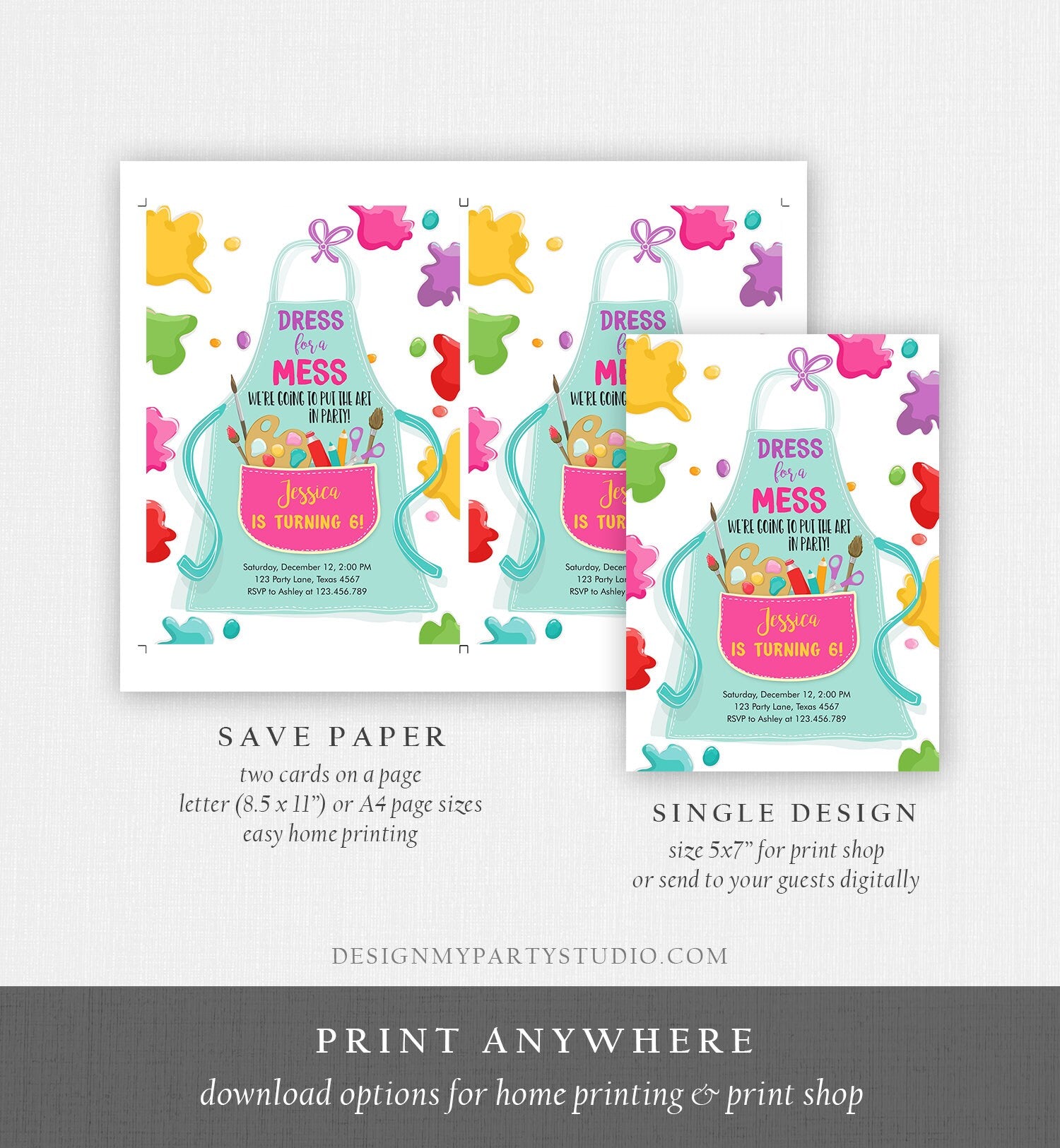 Editable Painting Party Invitation Art Party Birthday Invite Girl Pink Paint Craft Party Download Printable Template Digital Corjl 0319