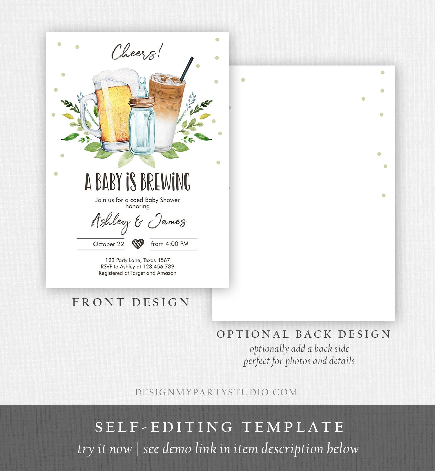 Editable A Baby is Brewing Invitation Bottle and Beers Baby Shower Coed Couples Cold Brew Coffee Download Printable Template Corjl 0190