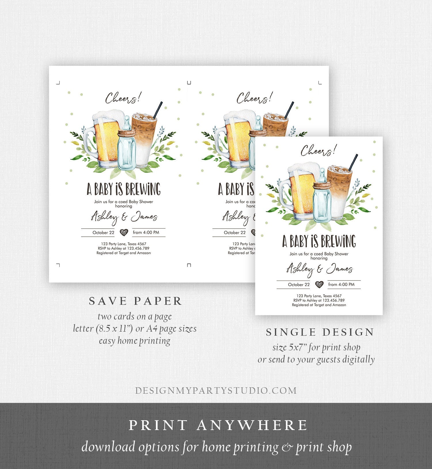 Editable A Baby is Brewing Invitation Bottle and Beers Baby Shower Coed Couples Cold Brew Coffee Download Printable Template Corjl 0190