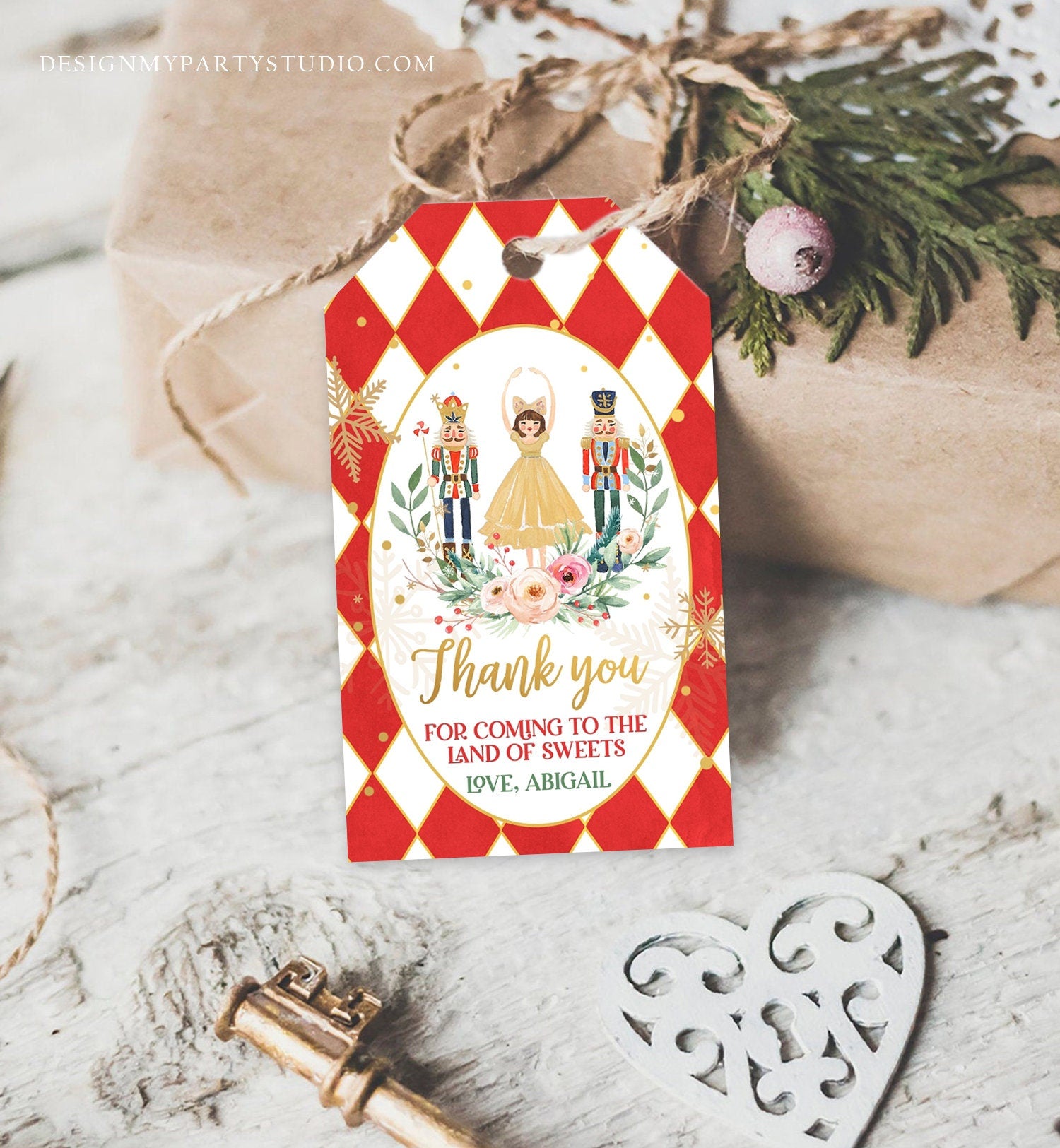 Editable Nutcracker Favor Tag Nutcracker Birthday Land of Sweets Thank You Tag Sugar Plum Fairy Merry Christmas Red Gold Girl Corjl 0352