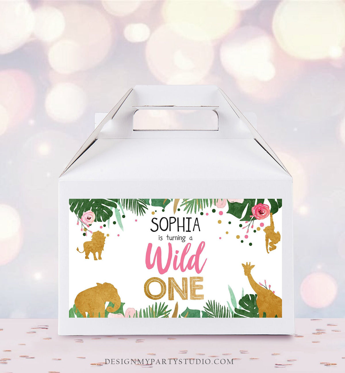 Editable Safari Animals Birthday Gable Gift Box Labels Party Animals Gold Pink Wild One Jungle First Birthday Girl Digital Corjl 0016