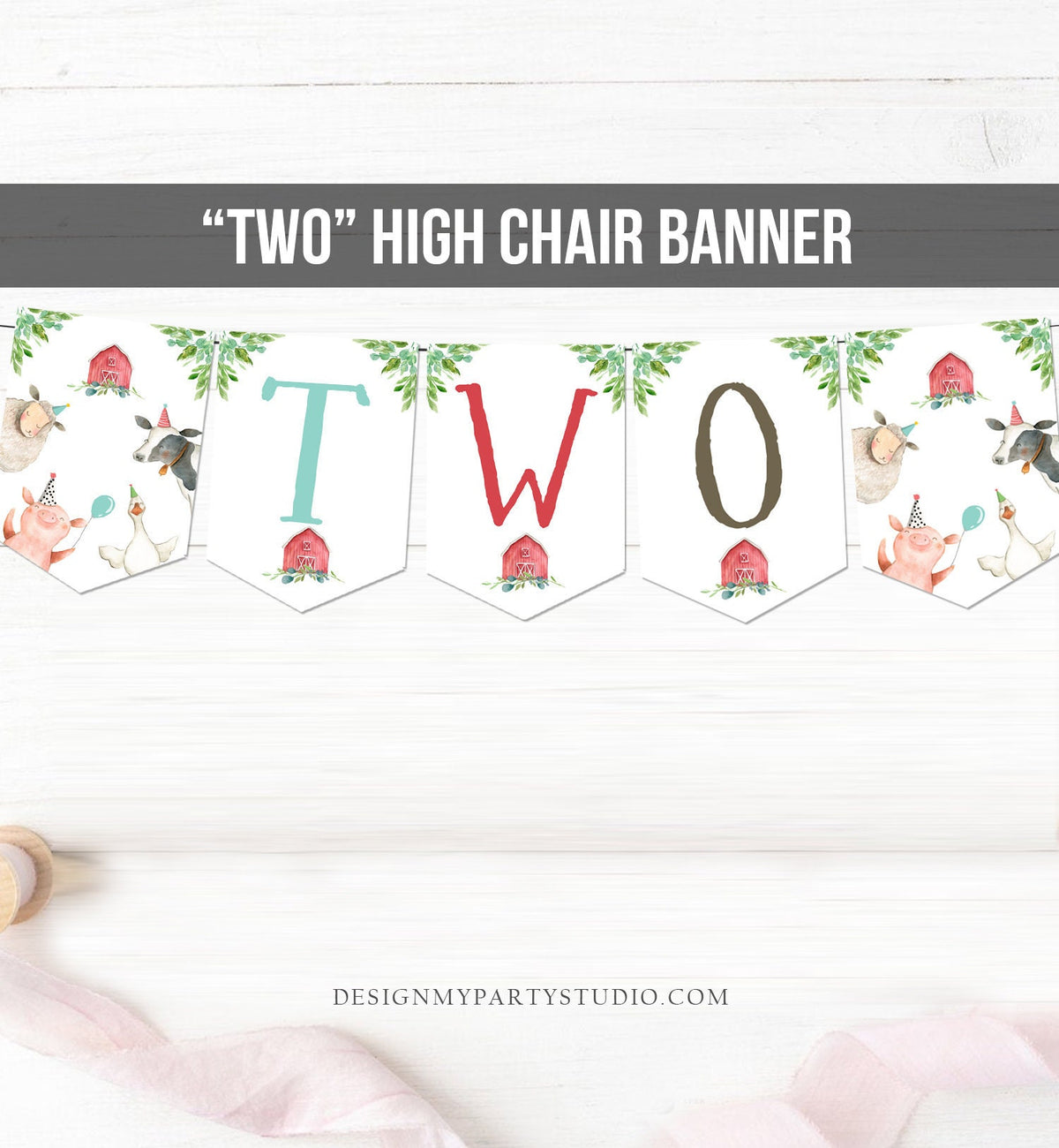 Farm TWO High Chair Banner Farm 2nd Second Birthday Boy Red Farm Animals High Chair Banner Barnyard Party Decor Download Printable 0155