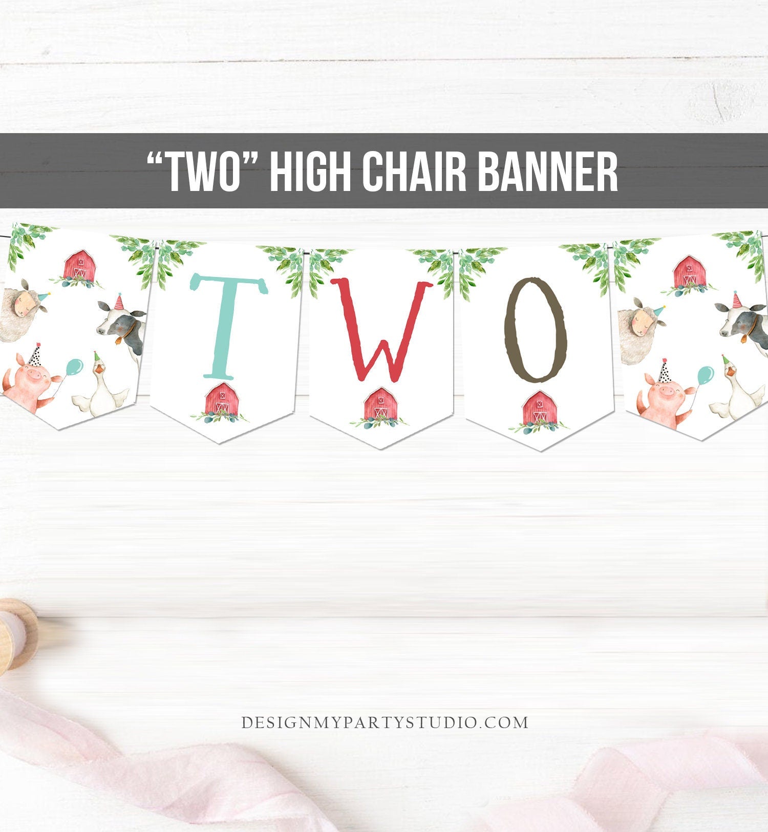 Farm TWO High Chair Banner Farm 2nd Second Birthday Boy Red Farm Animals High Chair Banner Barnyard Party Decor Download Printable 0155