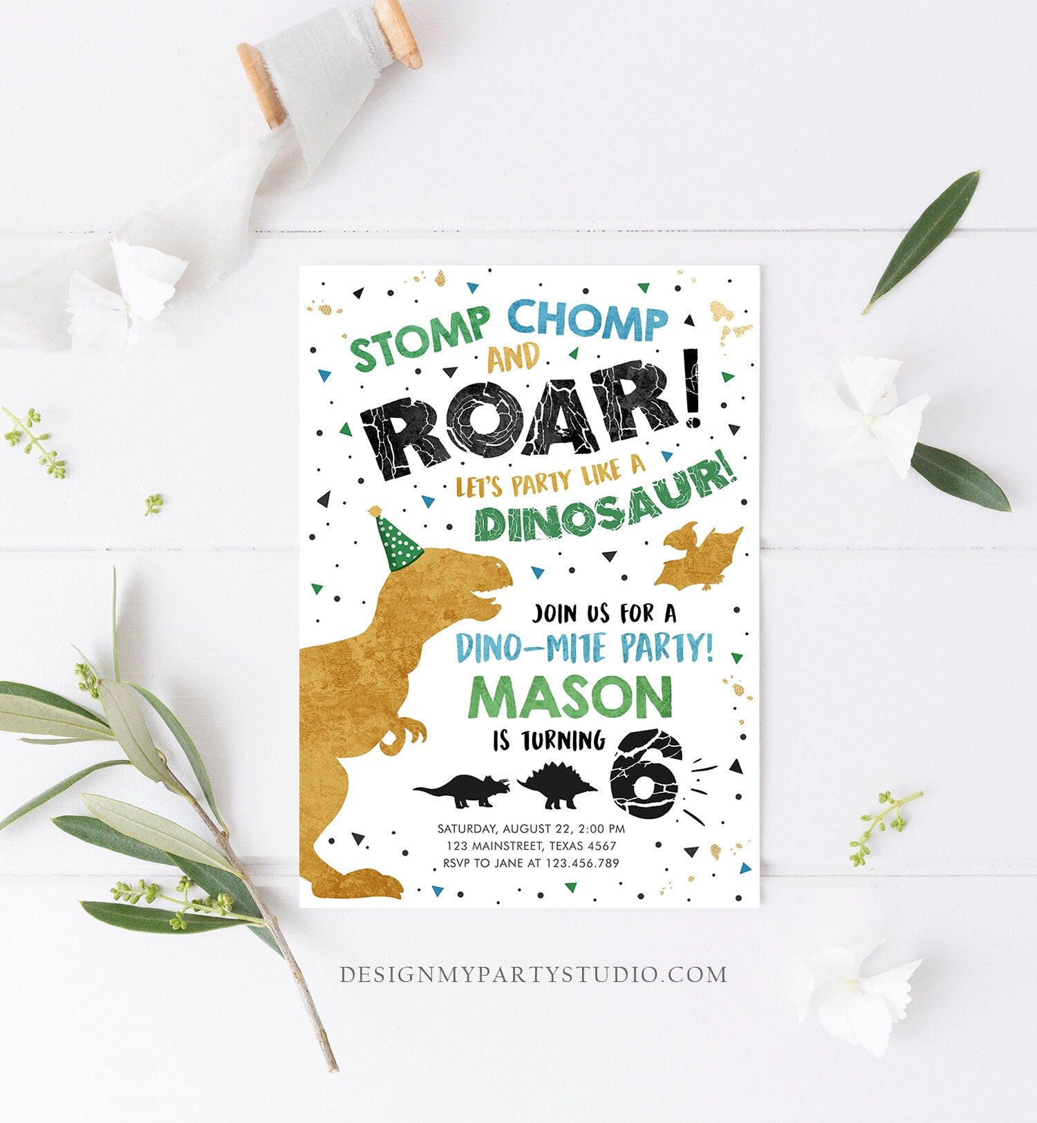 Editable Dinosaur Birthday Invitation ANY AGE Dino Dig Party Prehistoric Gold Green Blue Boy T-Rex Download Printable Template Corjl 0369