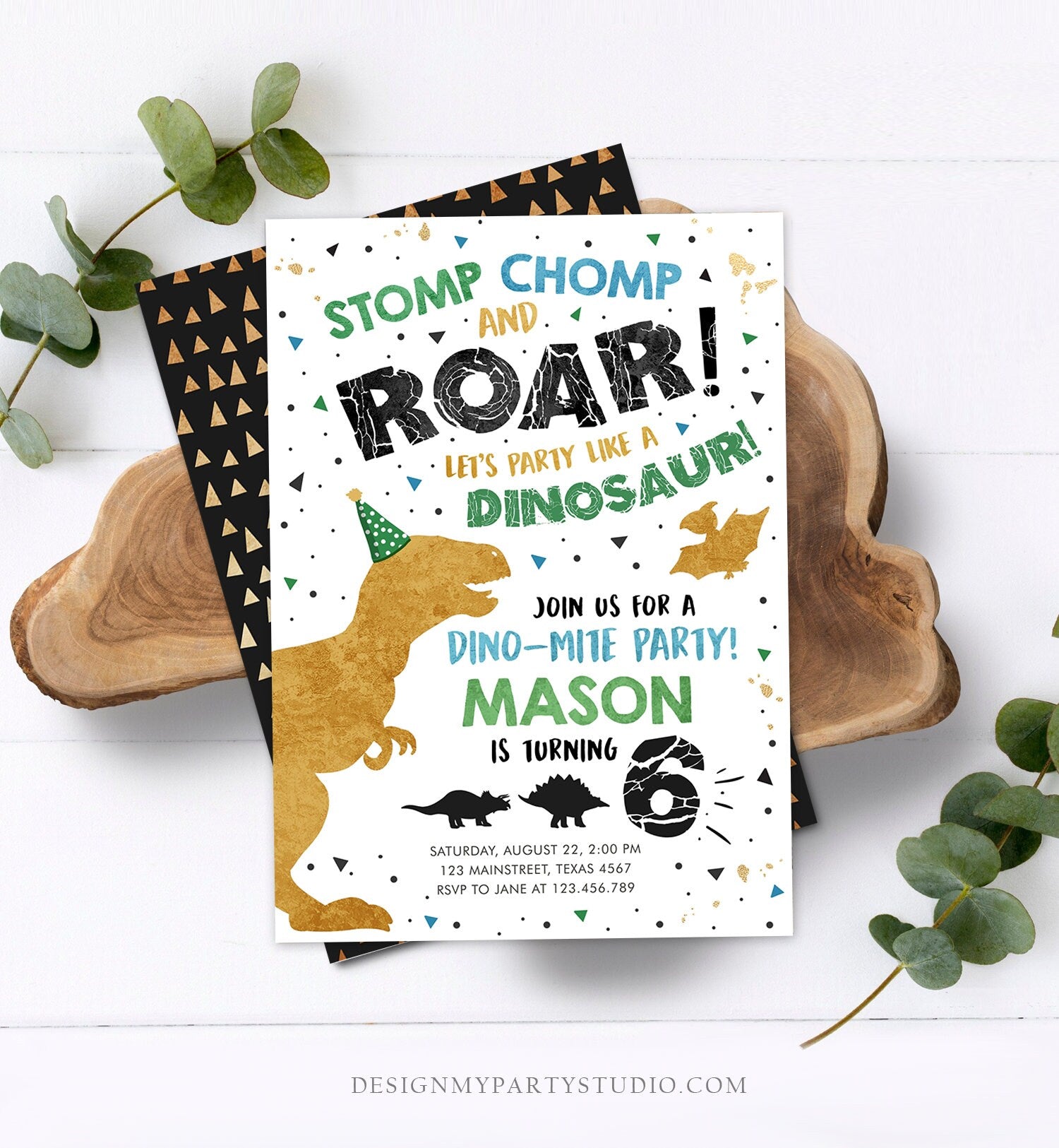 Editable Dinosaur Birthday Invitation ANY AGE Dino Dig Party Prehistoric Gold Green Blue Boy T-Rex Download Printable Template Corjl 0369