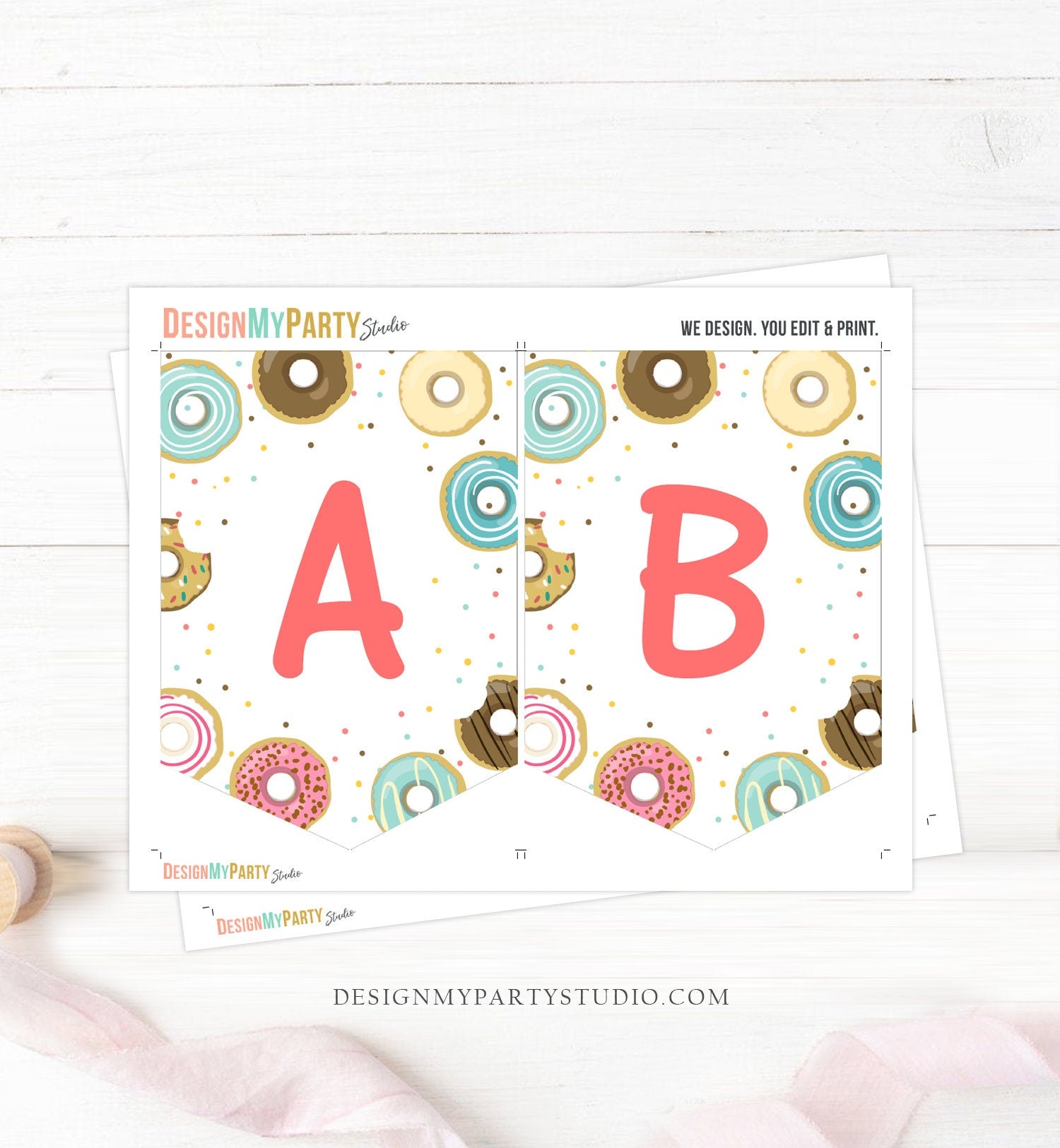 Donut Birthday Banner A-Z Alphabet Numbers Banner Girl Pink Doughnut Party Happy Birthday Decoration Digital Download Printable 0050