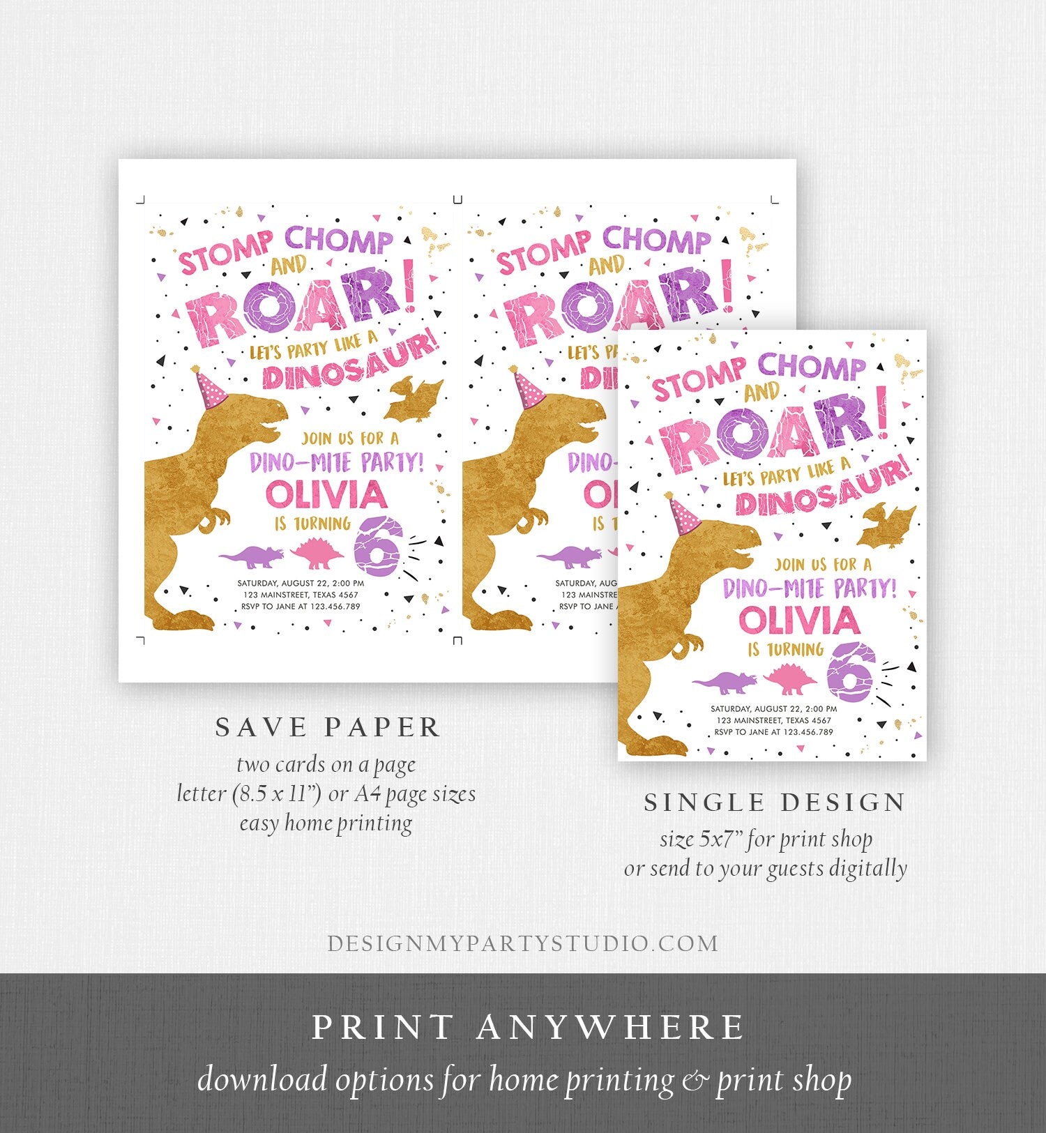 Editable Dinosaur Birthday Invitation ANY AGE Dino Dig Party Prehistoric Gold Pink Purple Girl T-Rex Download Printable Template Corjl 0369