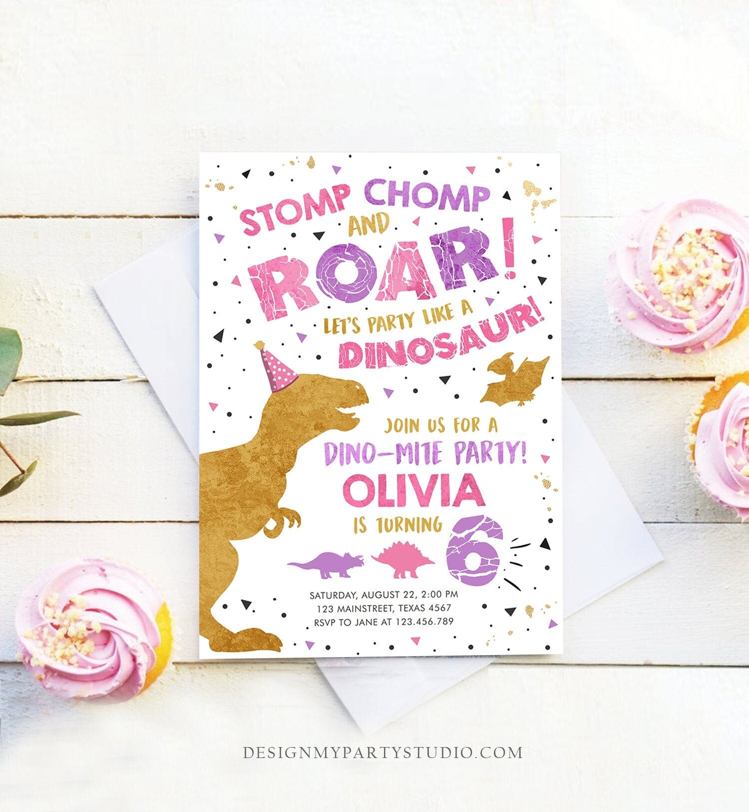 Editable Dinosaur Birthday Invitation ANY AGE Dino Dig Party Prehistoric Gold Pink Purple Girl T-Rex Download Printable Template Corjl 0369