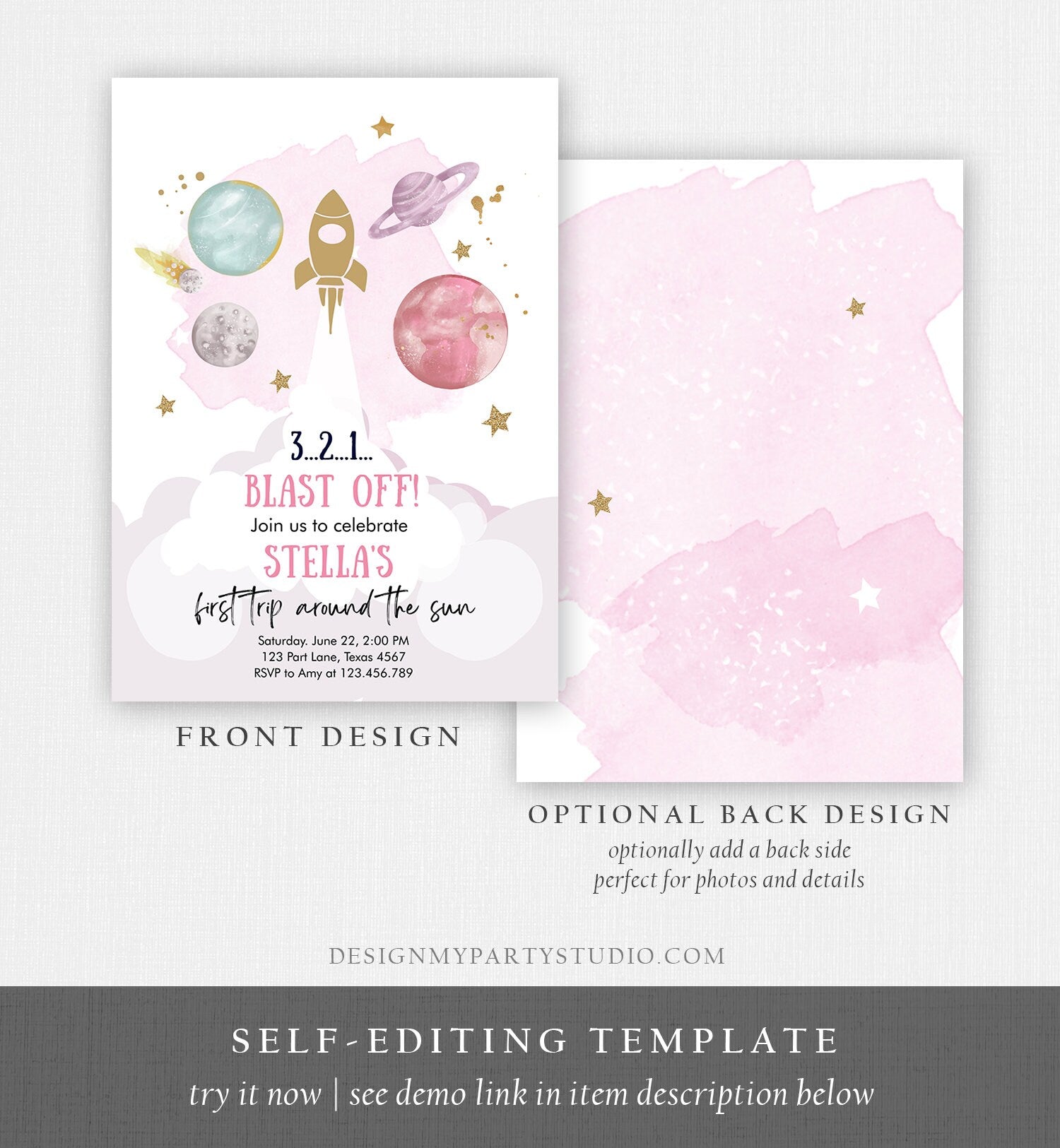 Editable Outer Space Girl First Birthday Invitation Galaxy Blast Off First Trip Space Rocket Pink Download Printable Template Corjl 0357