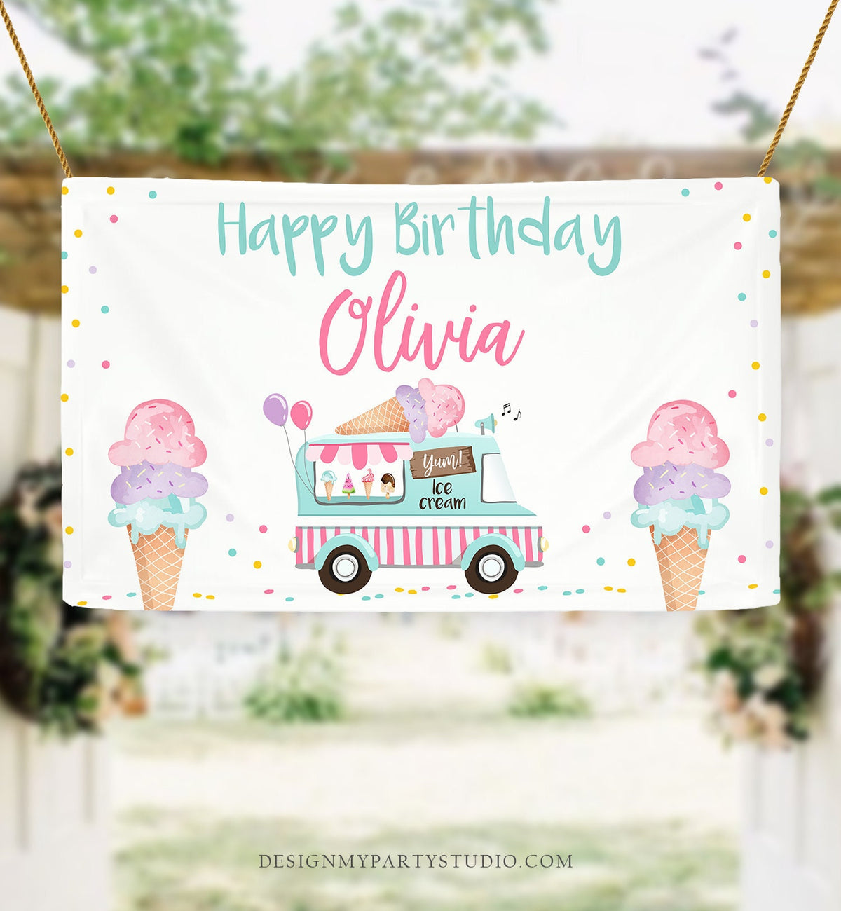 Editable Ice Cream Truck Birthday Backdrop Banner Welcome Ice Cream Party Girl Pink Ice Cream Sign Download Corjl Template Printable 0243