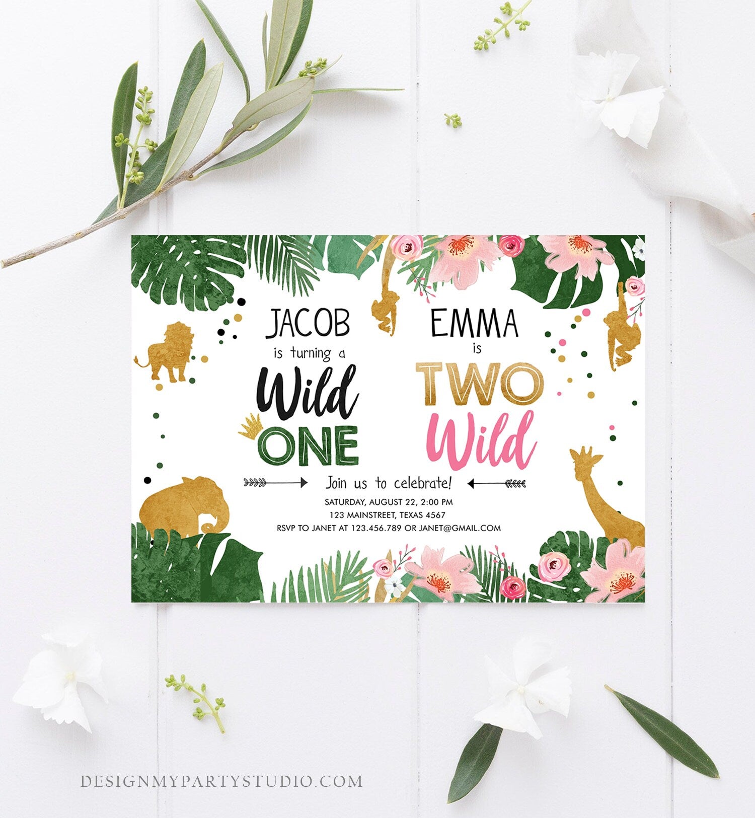 Editable Wild One Two Wild Birthday Invitation Safari Animals Boy Girl First Second Birthday Gold Joint Dual Digital Template Printable 0016