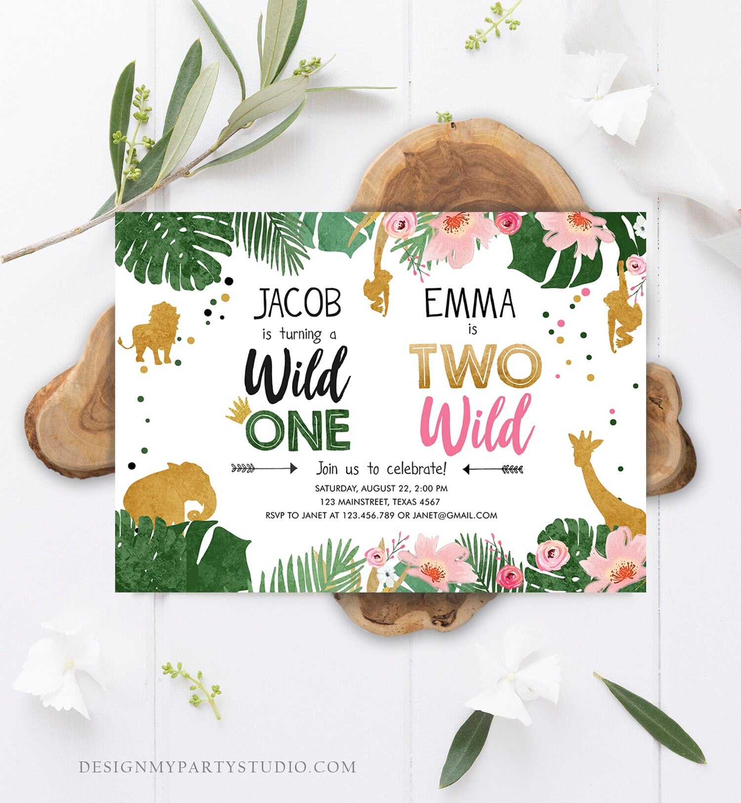 Editable Wild One Two Wild Birthday Invitation Safari Animals Boy Girl First Second Birthday Gold Joint Dual Digital Template Printable 0016