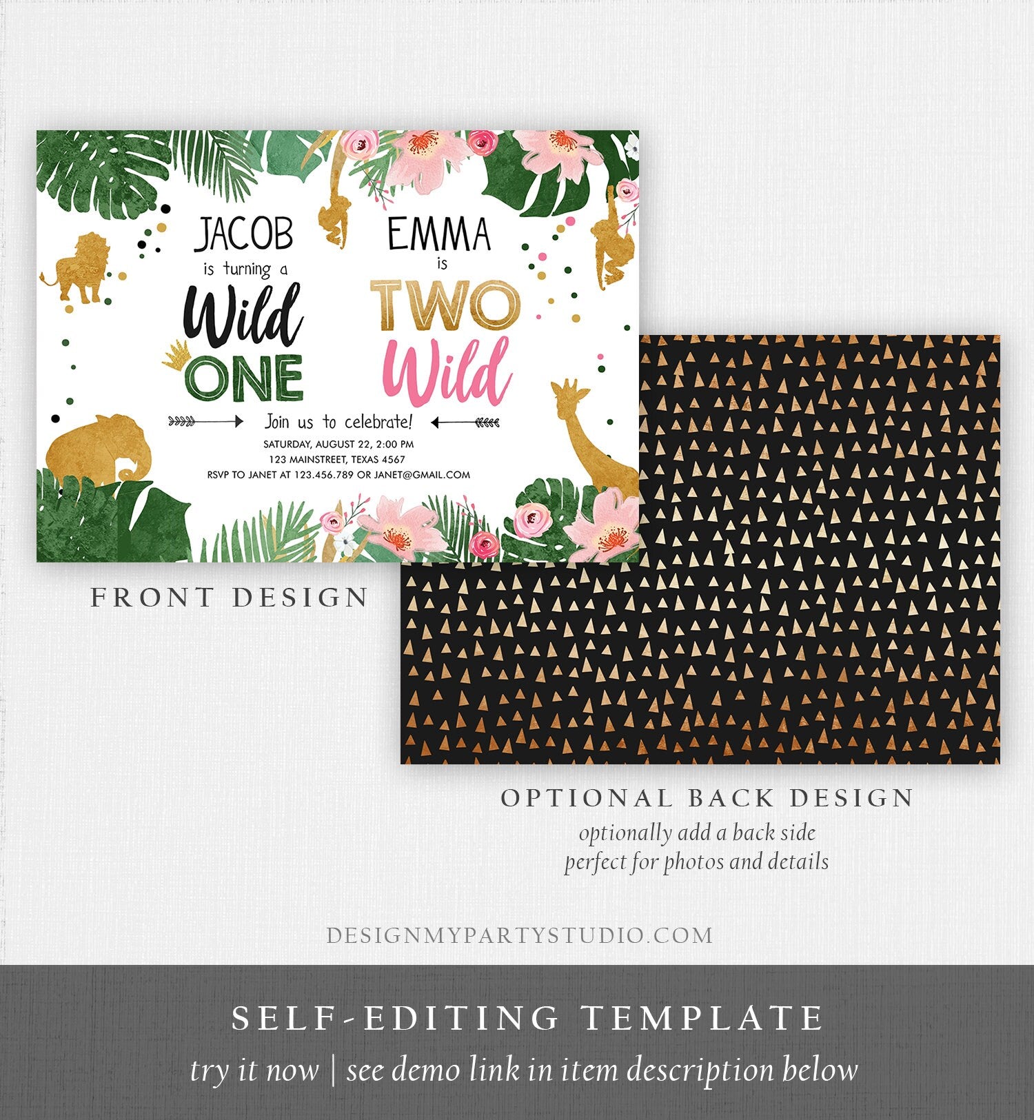 Editable Wild One Two Wild Birthday Invitation Safari Animals Boy Girl First Second Birthday Gold Joint Dual Digital Template Printable 0016