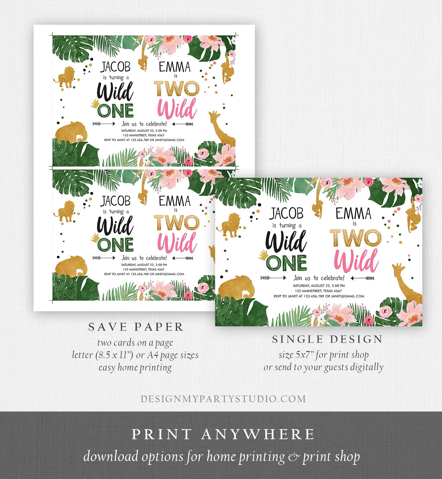 Editable Wild One Two Wild Birthday Invitation Safari Animals Boy Girl First Second Birthday Gold Joint Dual Digital Template Printable 0016