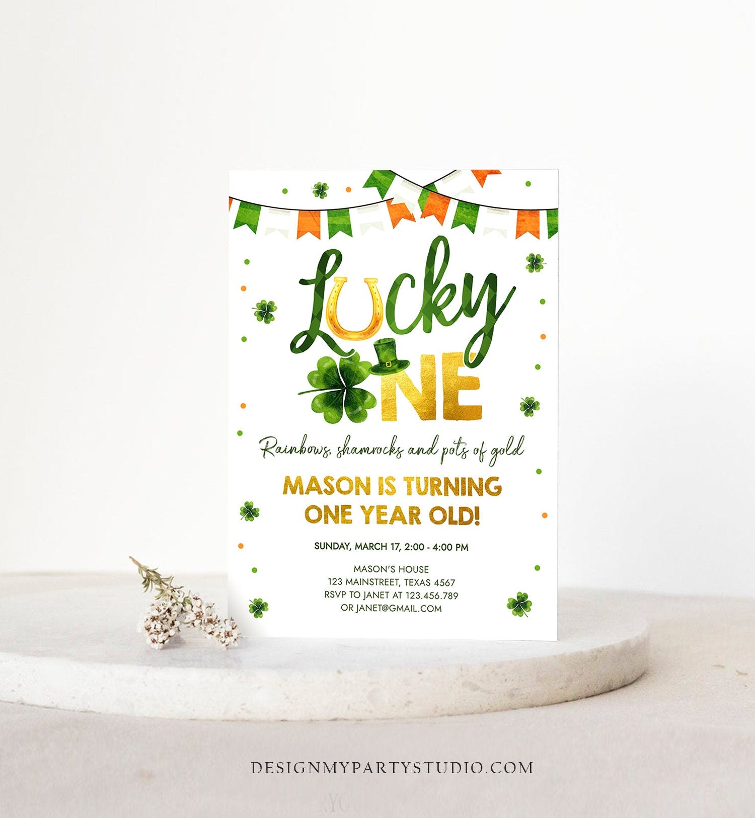 Editable Lucky One Birthday Invitation St. Patrick's Day First Birthday 1st Boy Shamrock Clover Download Corjl Template Printable 0379