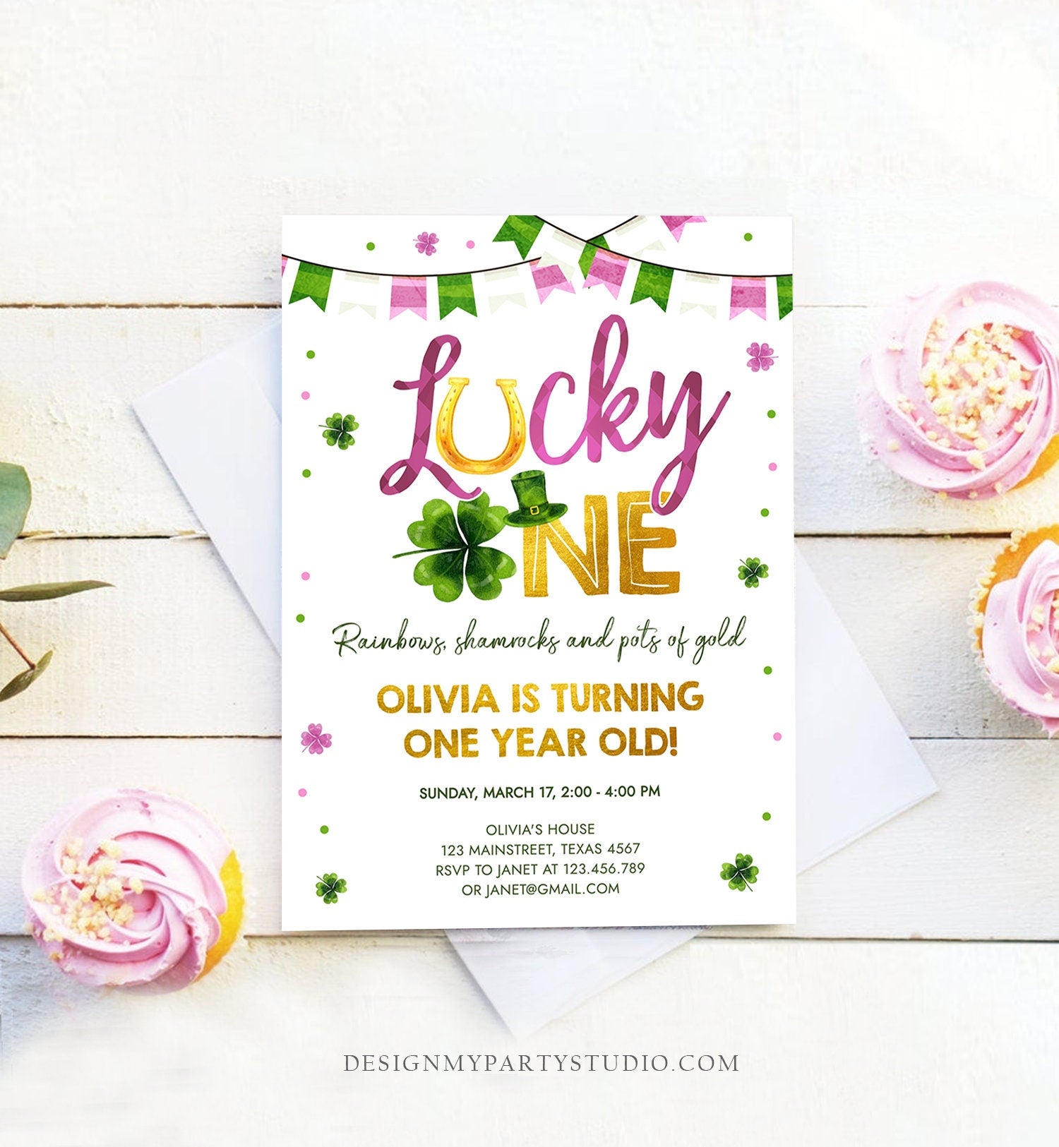 Editable Lucky One Birthday Invitation St. Patrick's Day First Birthday 1st Girl Pink Shamrock Clover Download Corjl Template Printable 0379