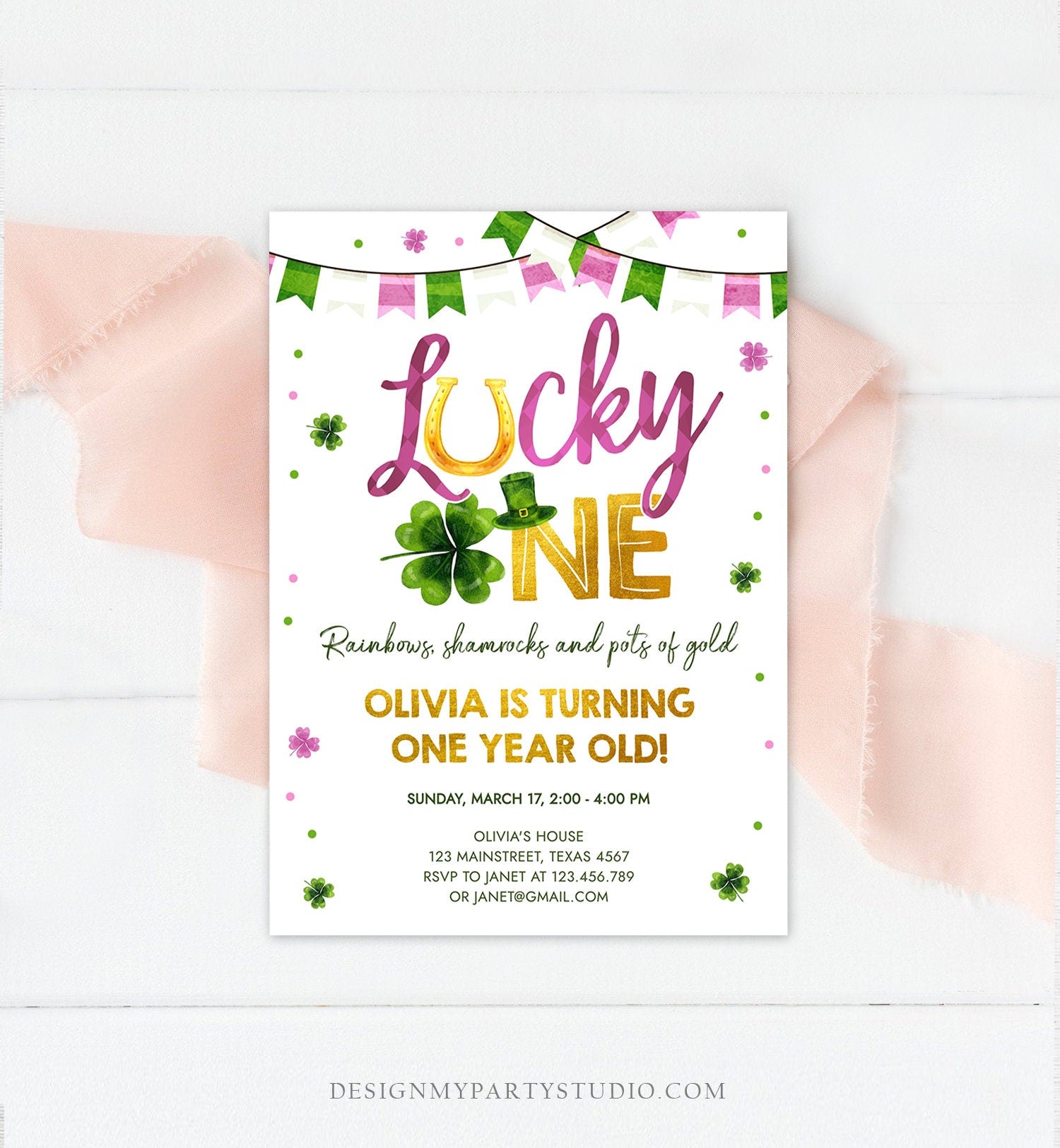 Editable Lucky One Birthday Invitation St. Patrick's Day First Birthday 1st Girl Pink Shamrock Clover Download Corjl Template Printable 0379