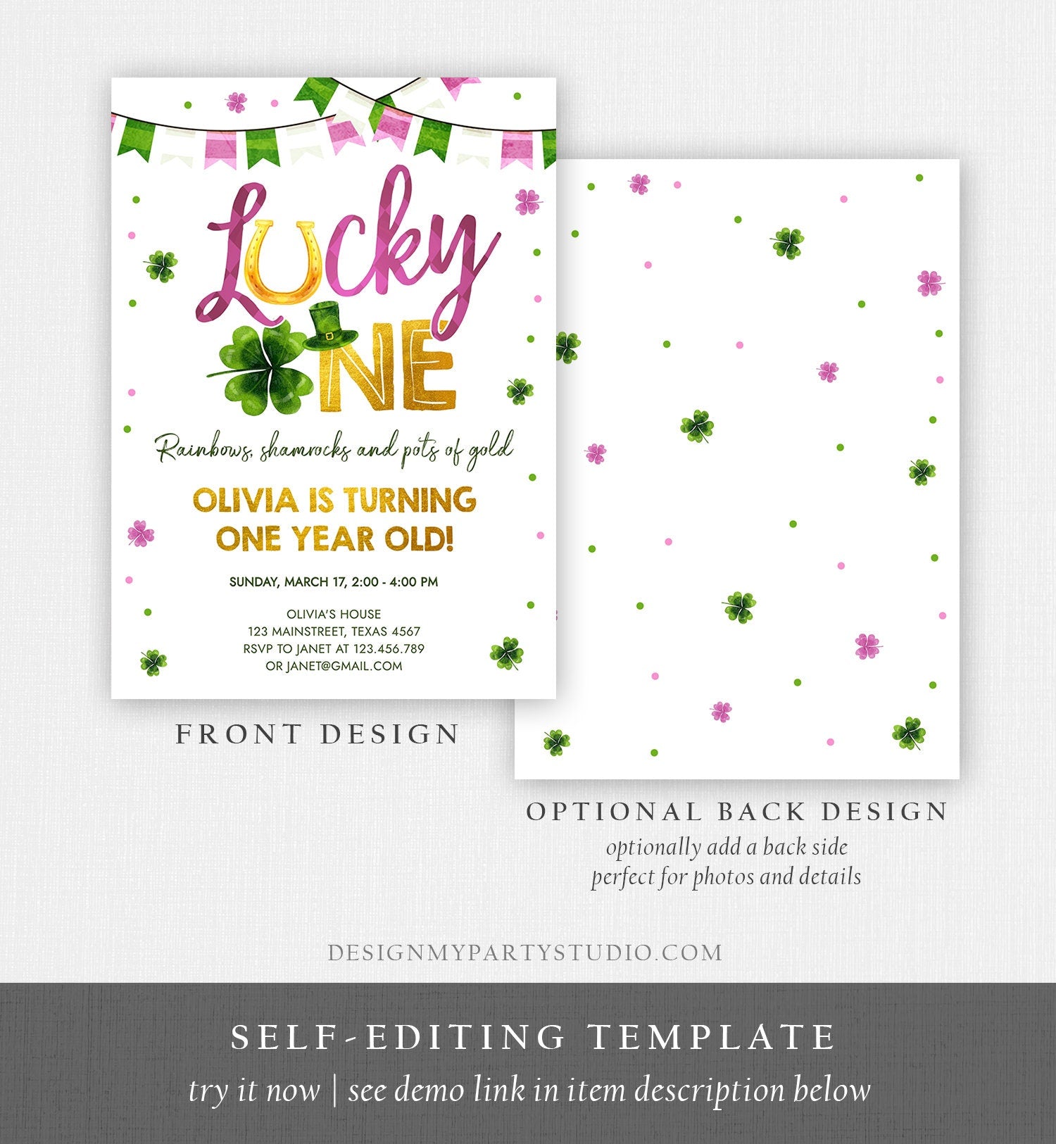 Editable Lucky One Birthday Invitation St. Patrick's Day First Birthday 1st Girl Pink Shamrock Clover Download Corjl Template Printable 0379