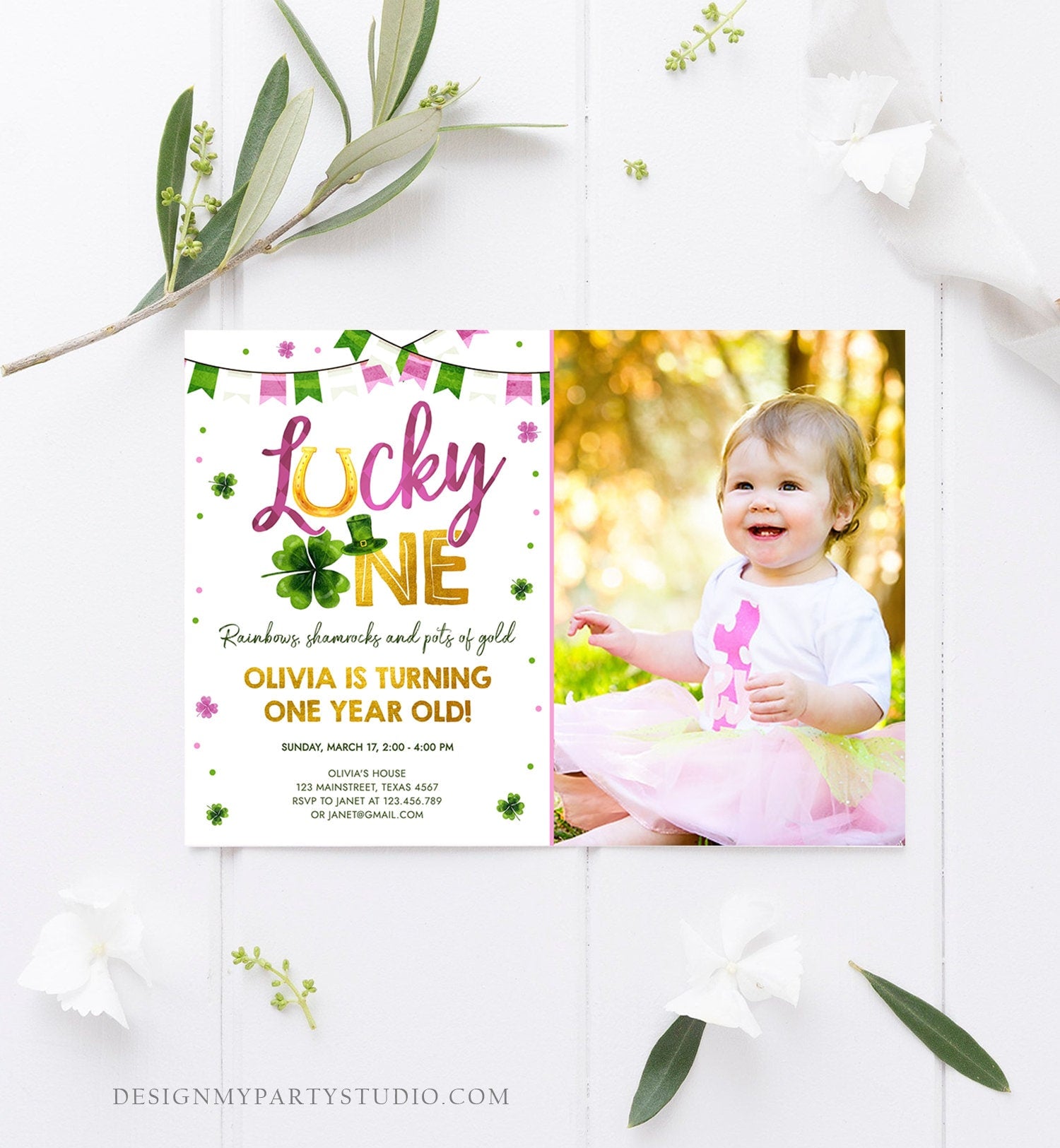 Editable Lucky One Birthday Invitation St. Patrick's Day First Birthday 1st Girl Pink Shamrock Clover Download Corjl Template Printable 0379